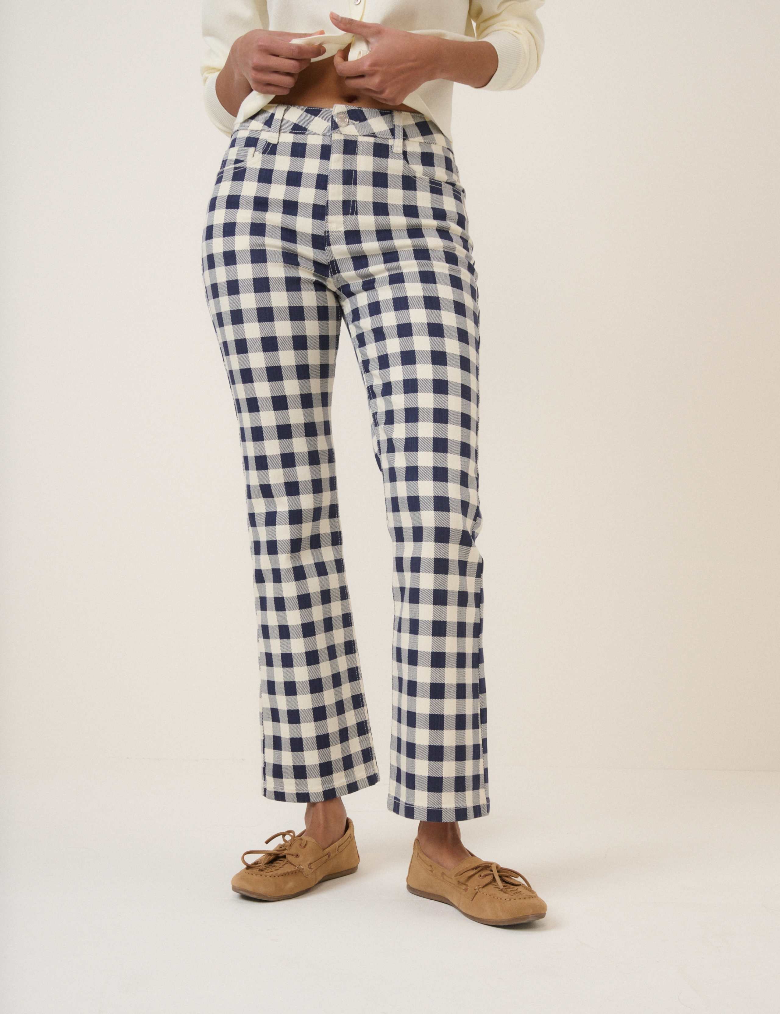 Cotton Rich Gingham Kick Flare Cropped Trousers