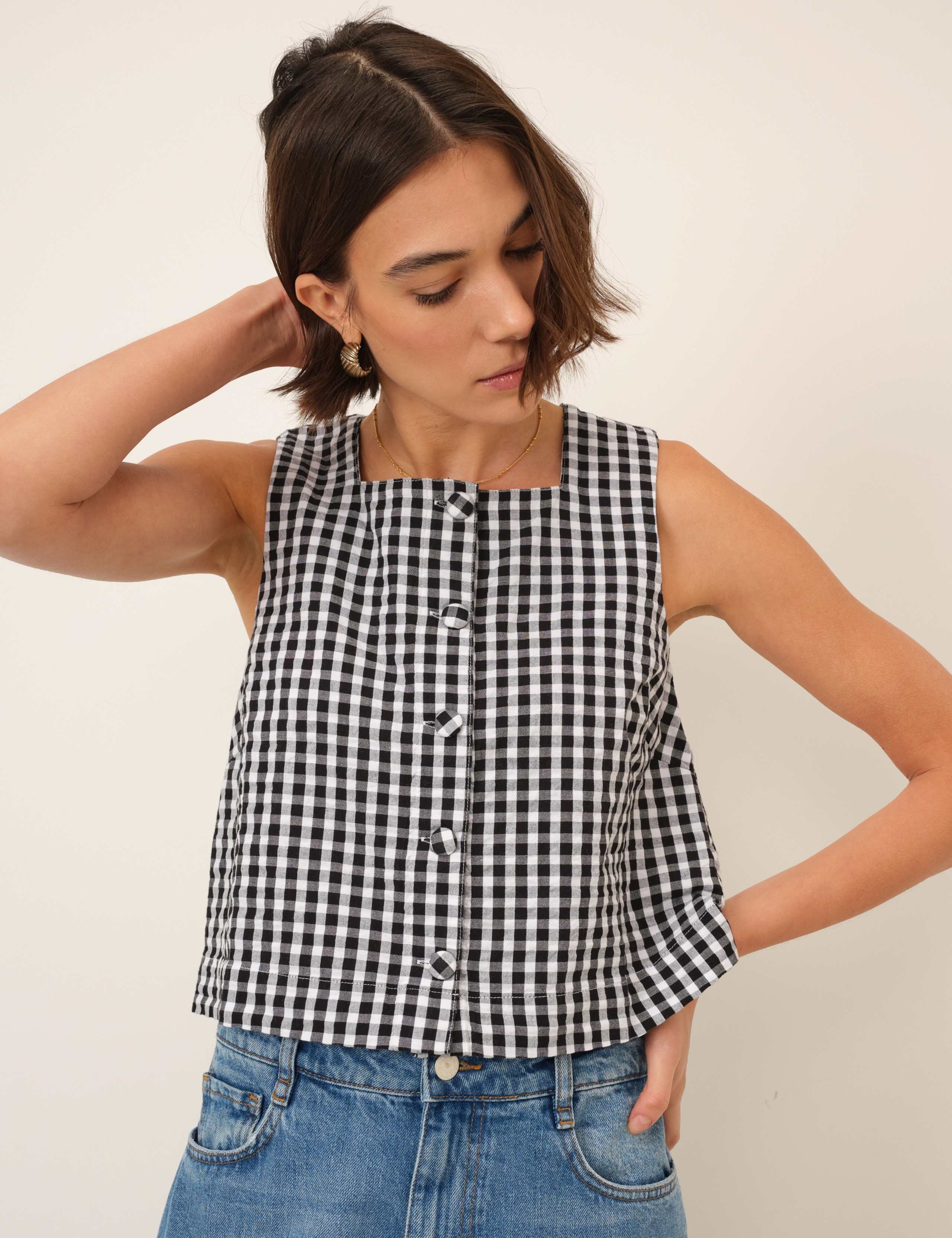 Pure Cotton Checked Square Neck Tank Top