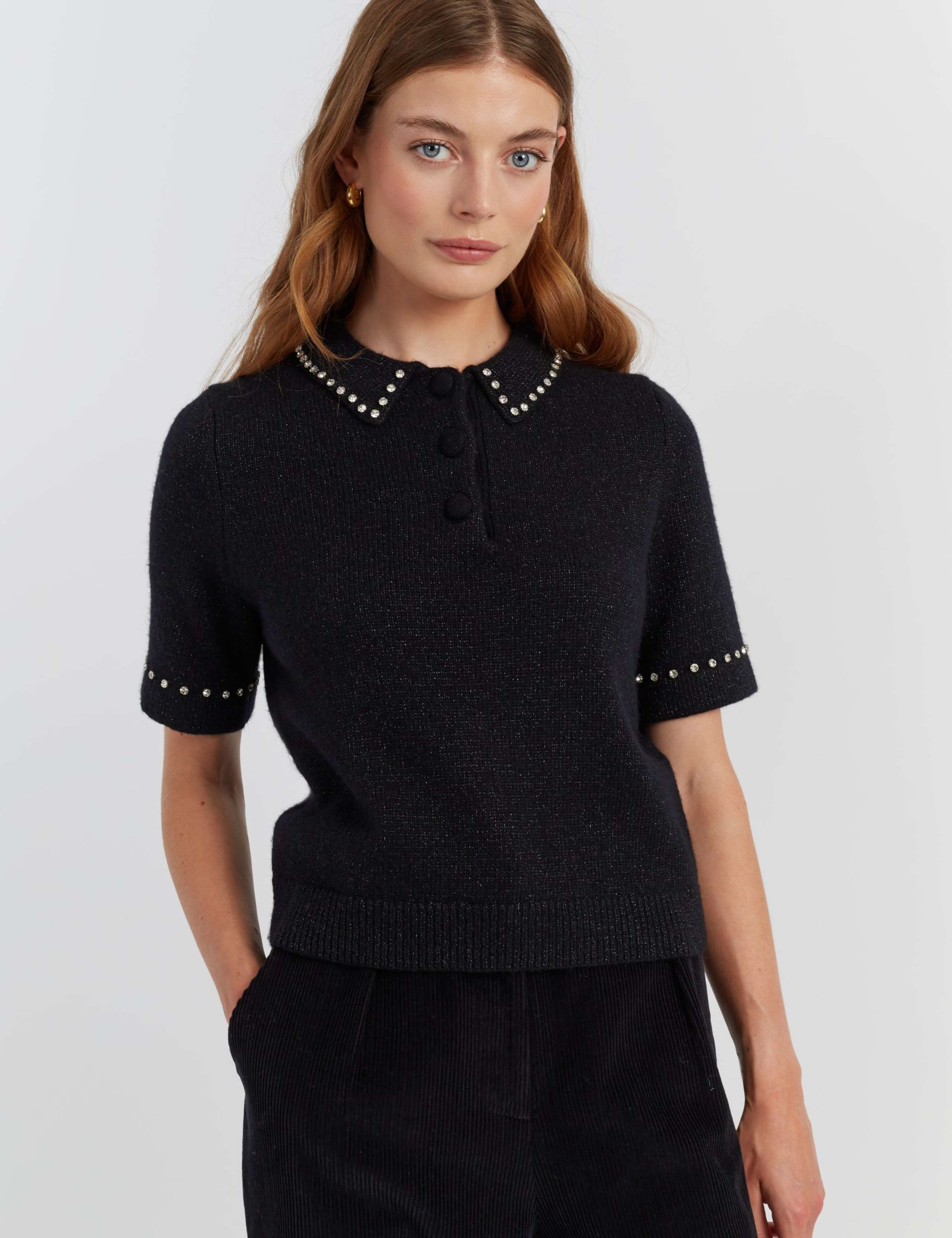 Wool Rich Embellished Polo Collar Knitted Top with Cashmere