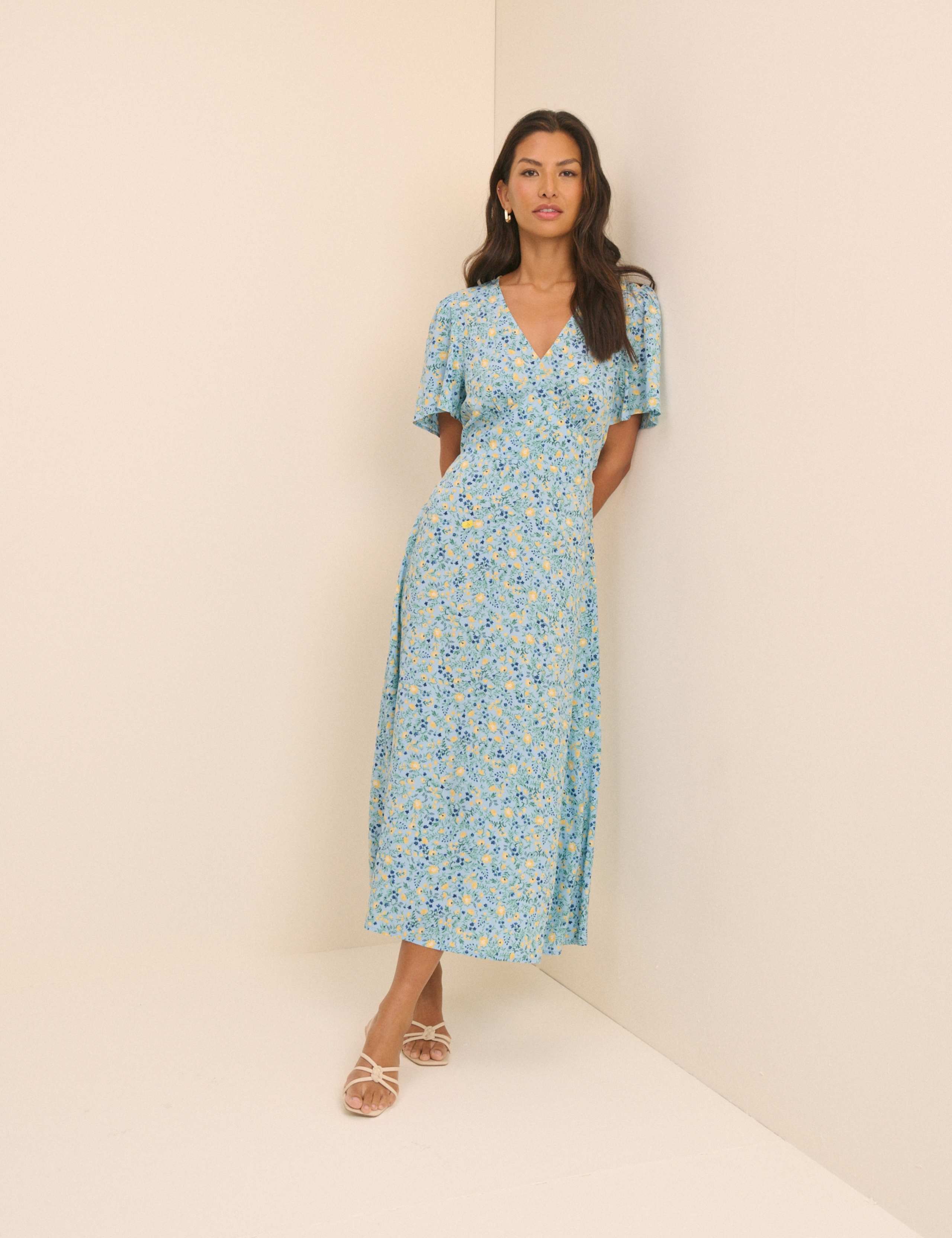 Floral V-Neck Angel Sleeve Midi Tea Dress