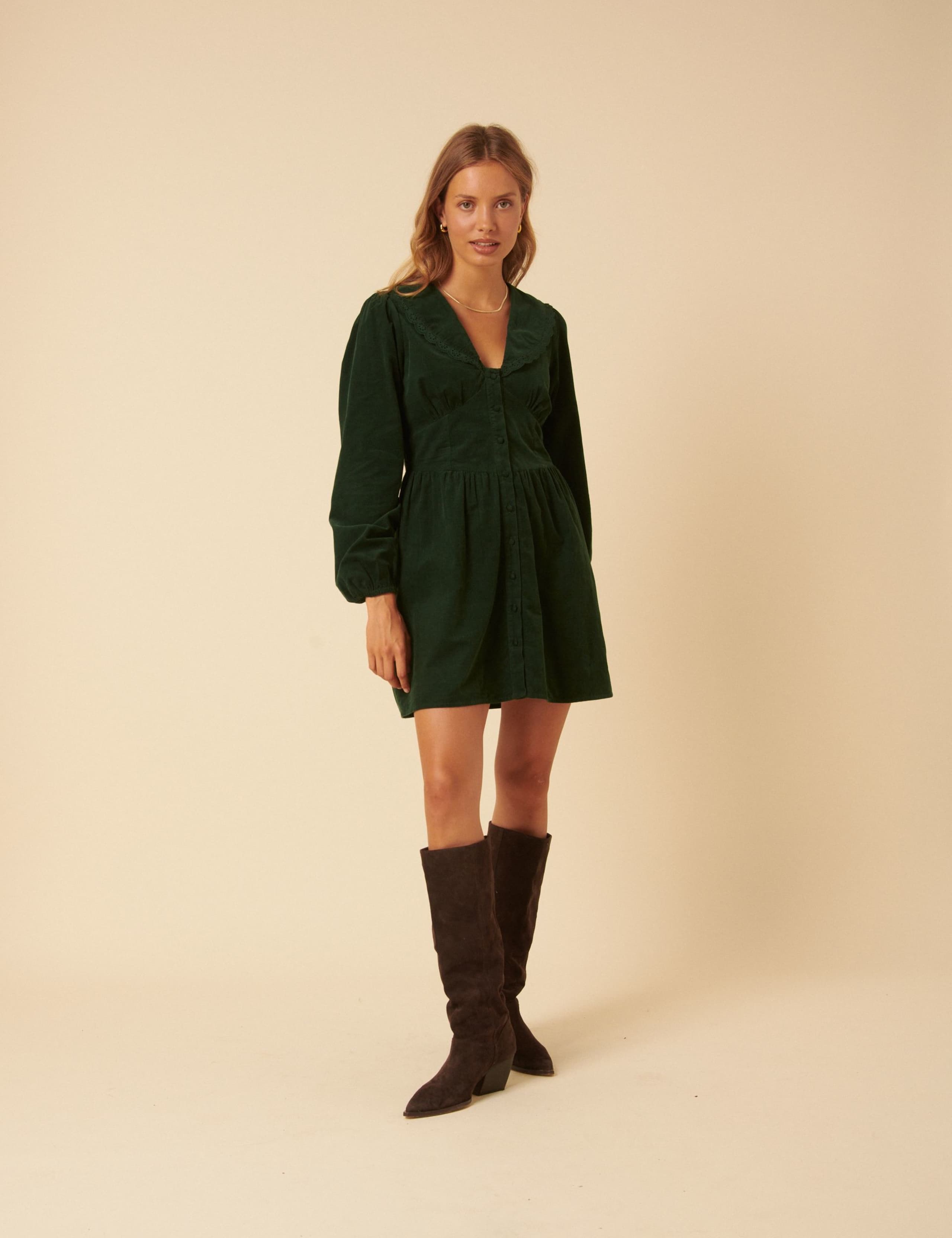 Cord V-Neck Mini Tea Dress