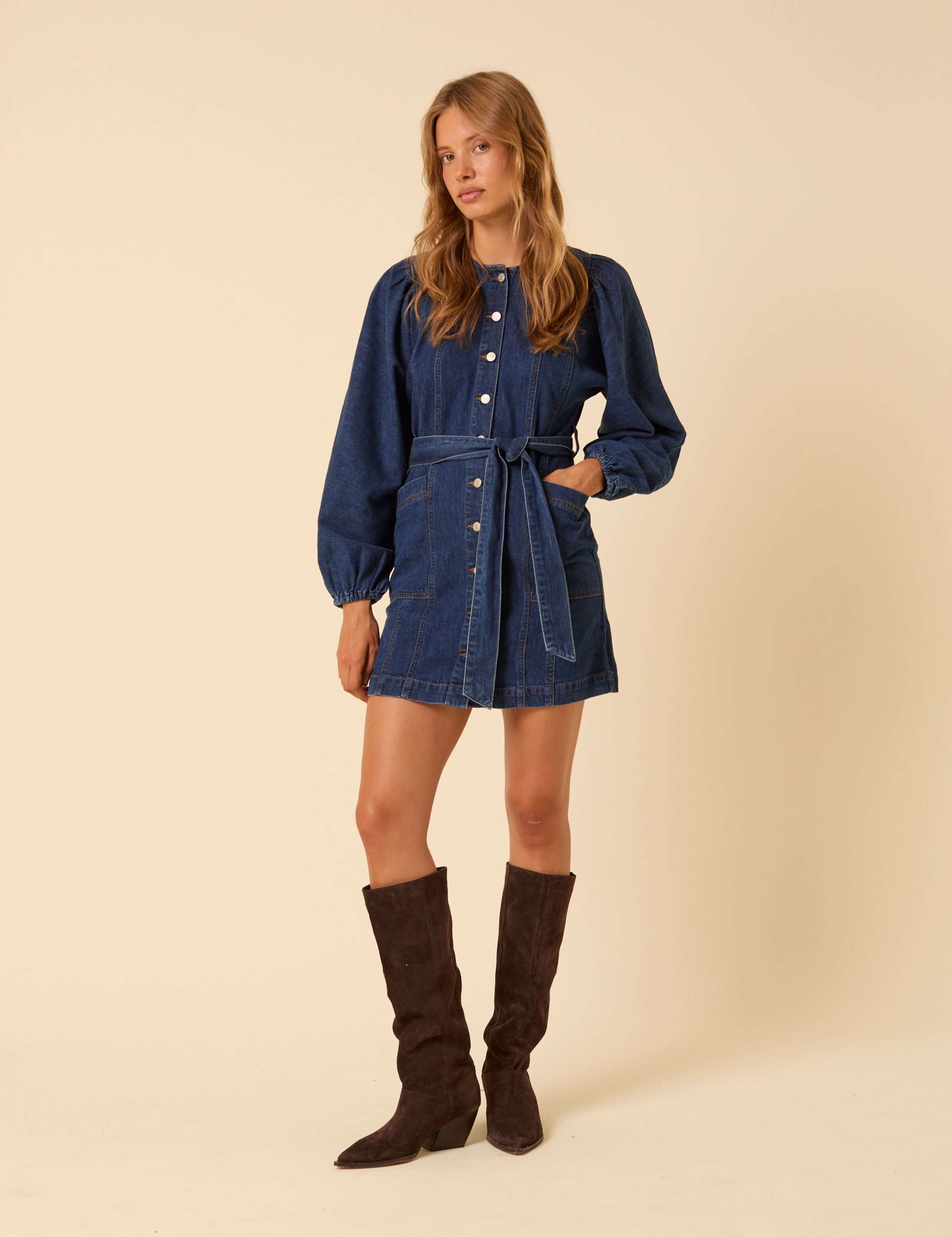 Denim Tie Waist Mini Tea Dress