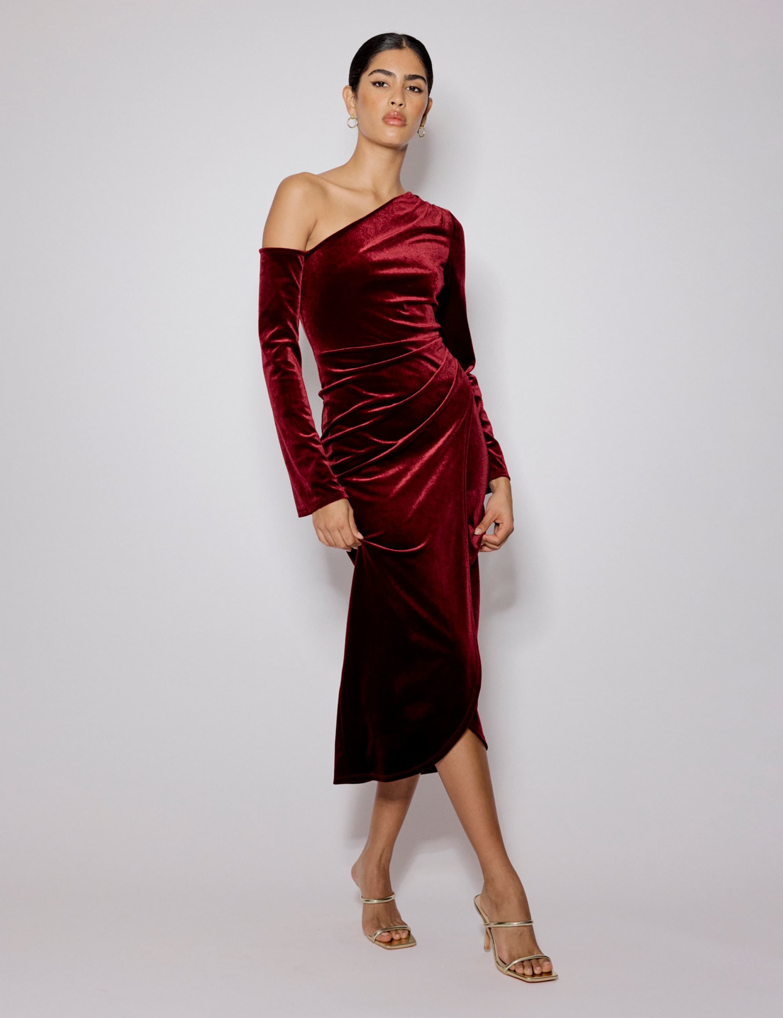 Velvet One Shoulder Gathered Midi Bodycon Dress