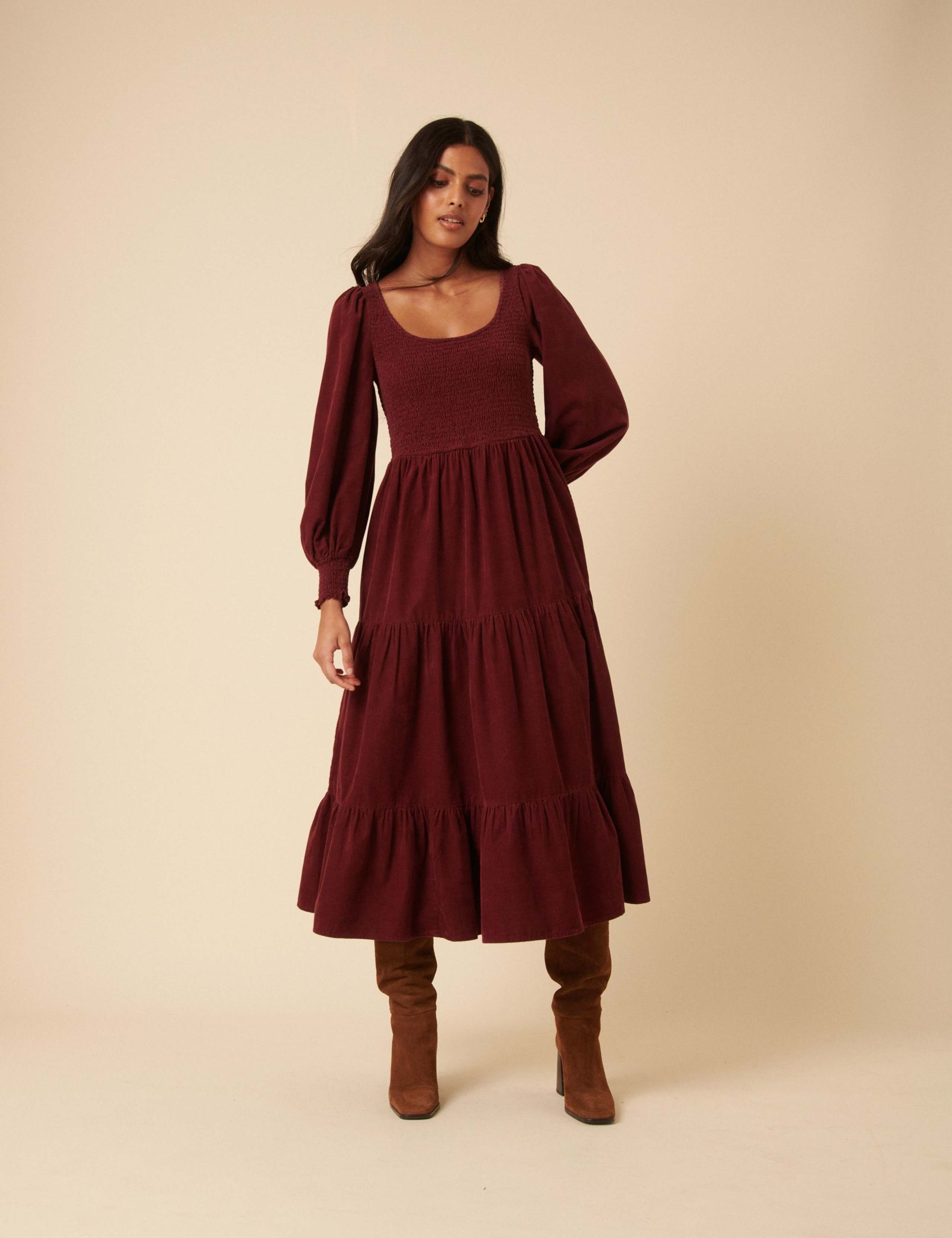 Cotton Scoop Neck Tiered Midi Dress