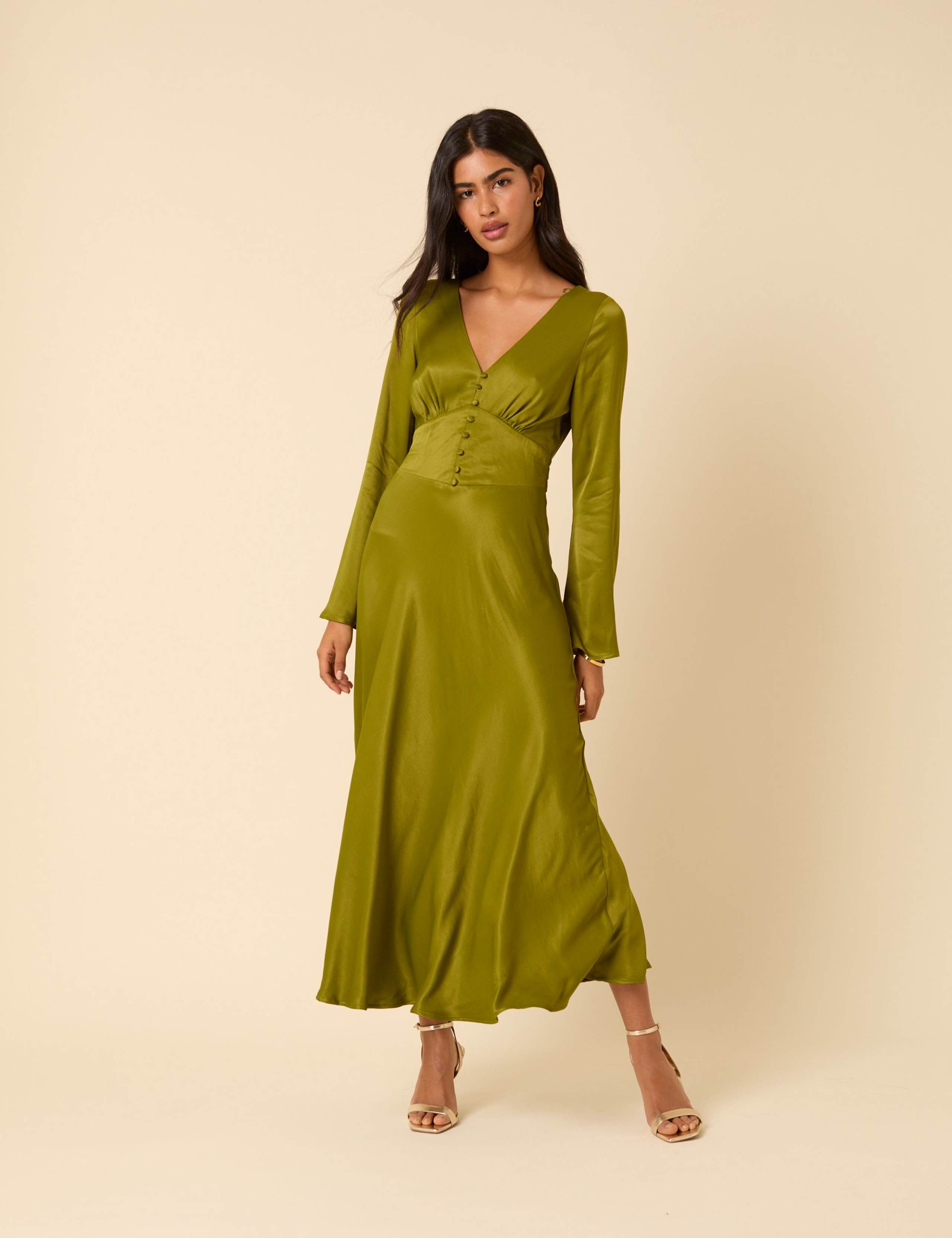 V-Neck Button Detail MidI Dress