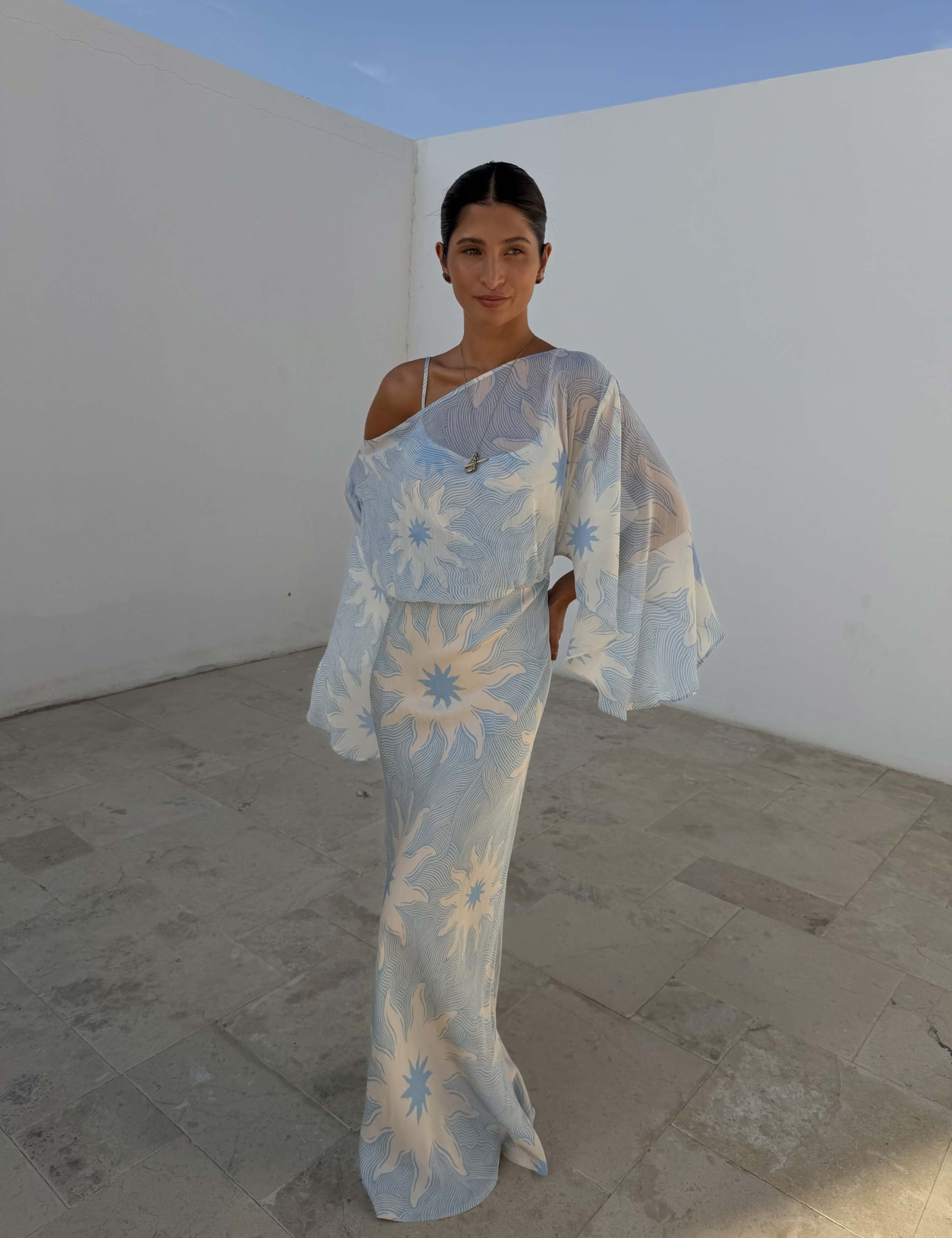 Printed One Shoulder Maxi Column Dress