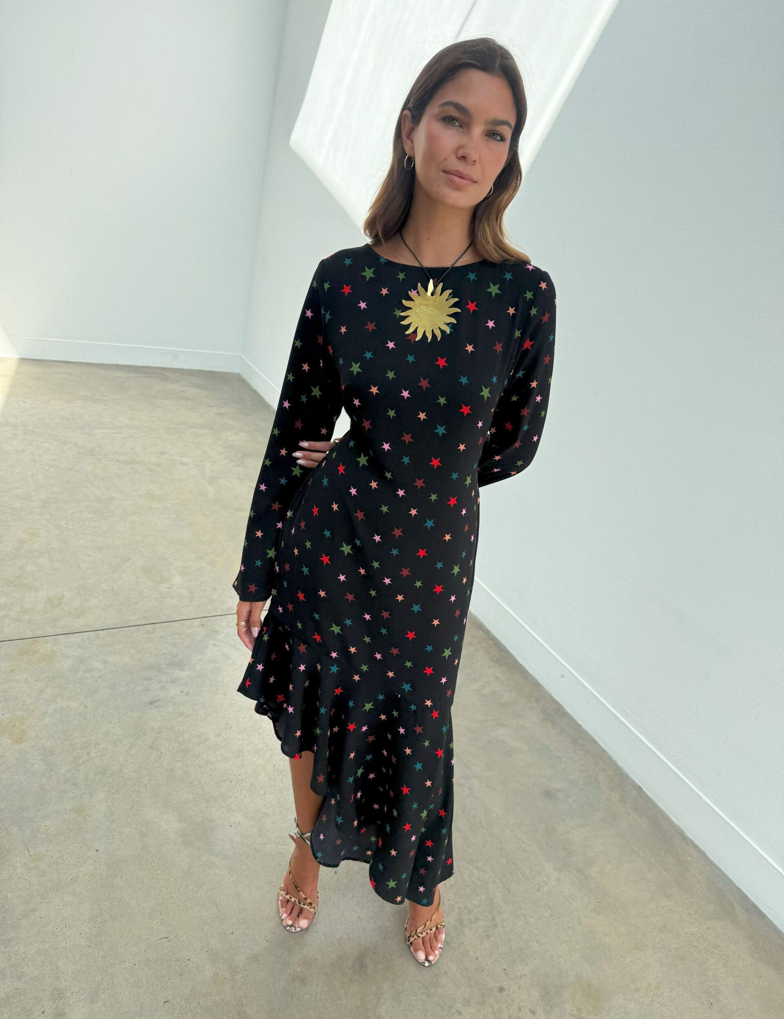 Star Print Asymmetric Ruffle Hem Midi Dress