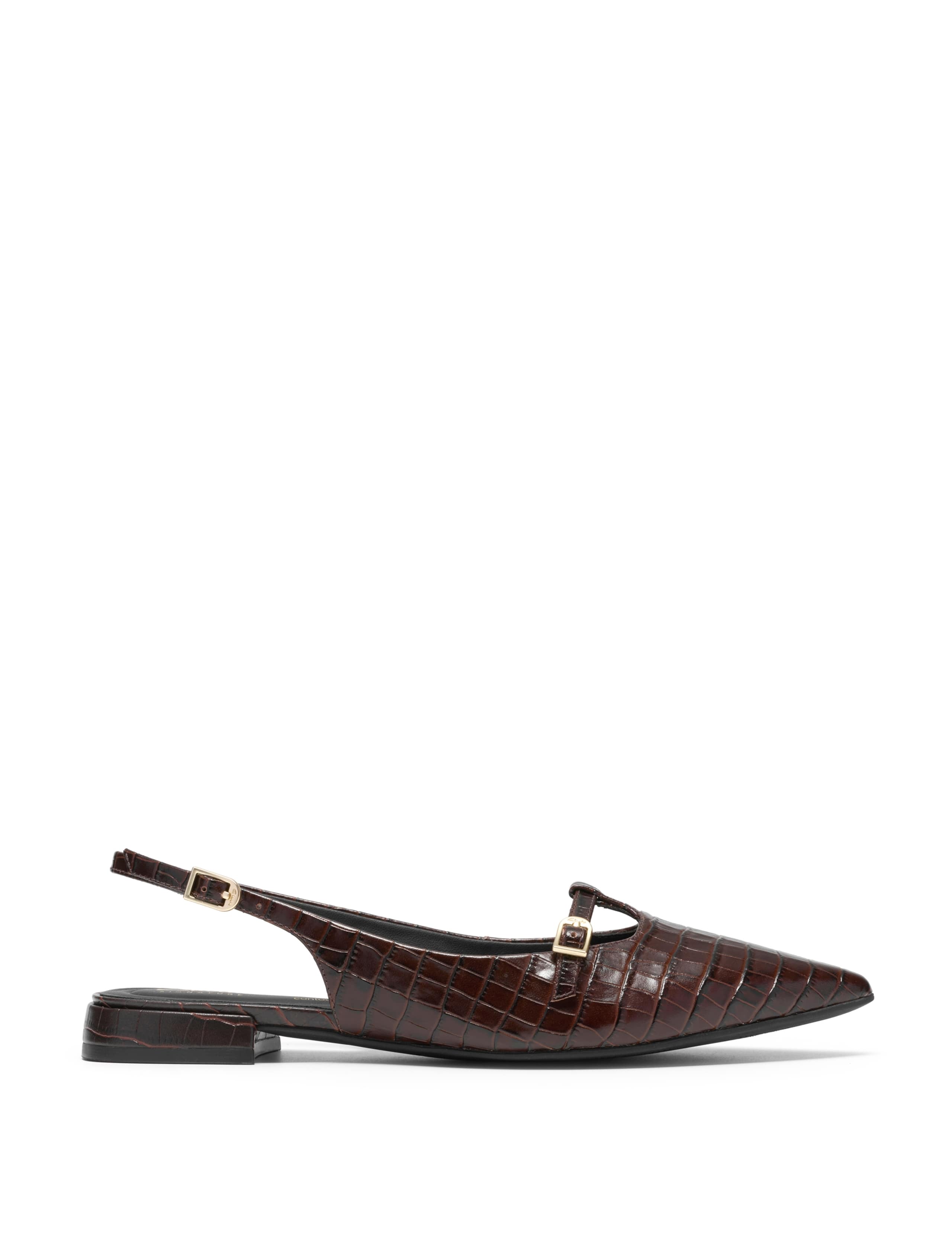 Leather Croc Ankle Strap Flat Pointed Slingback Shoes