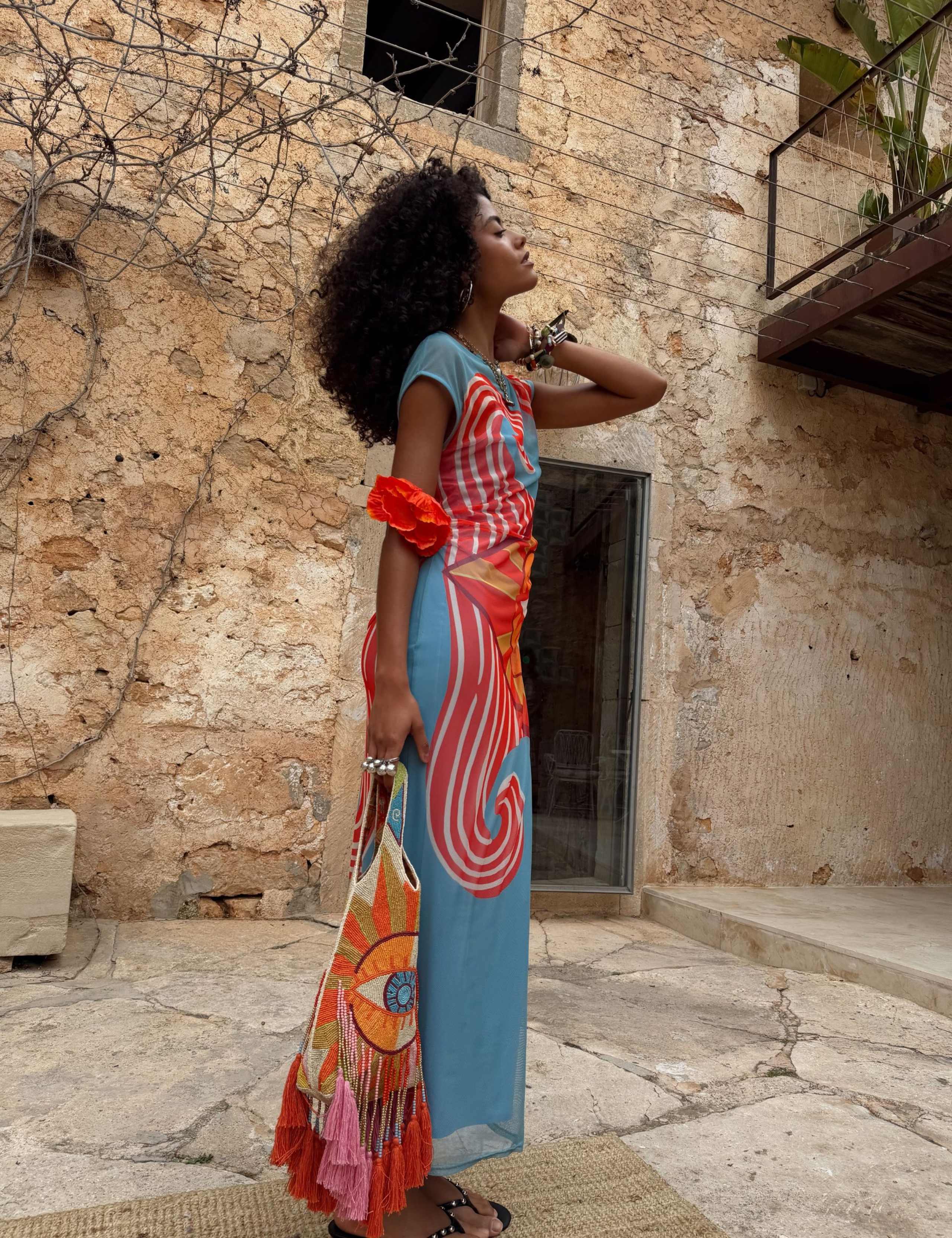 Mesh Printed Maxi Column Dress
