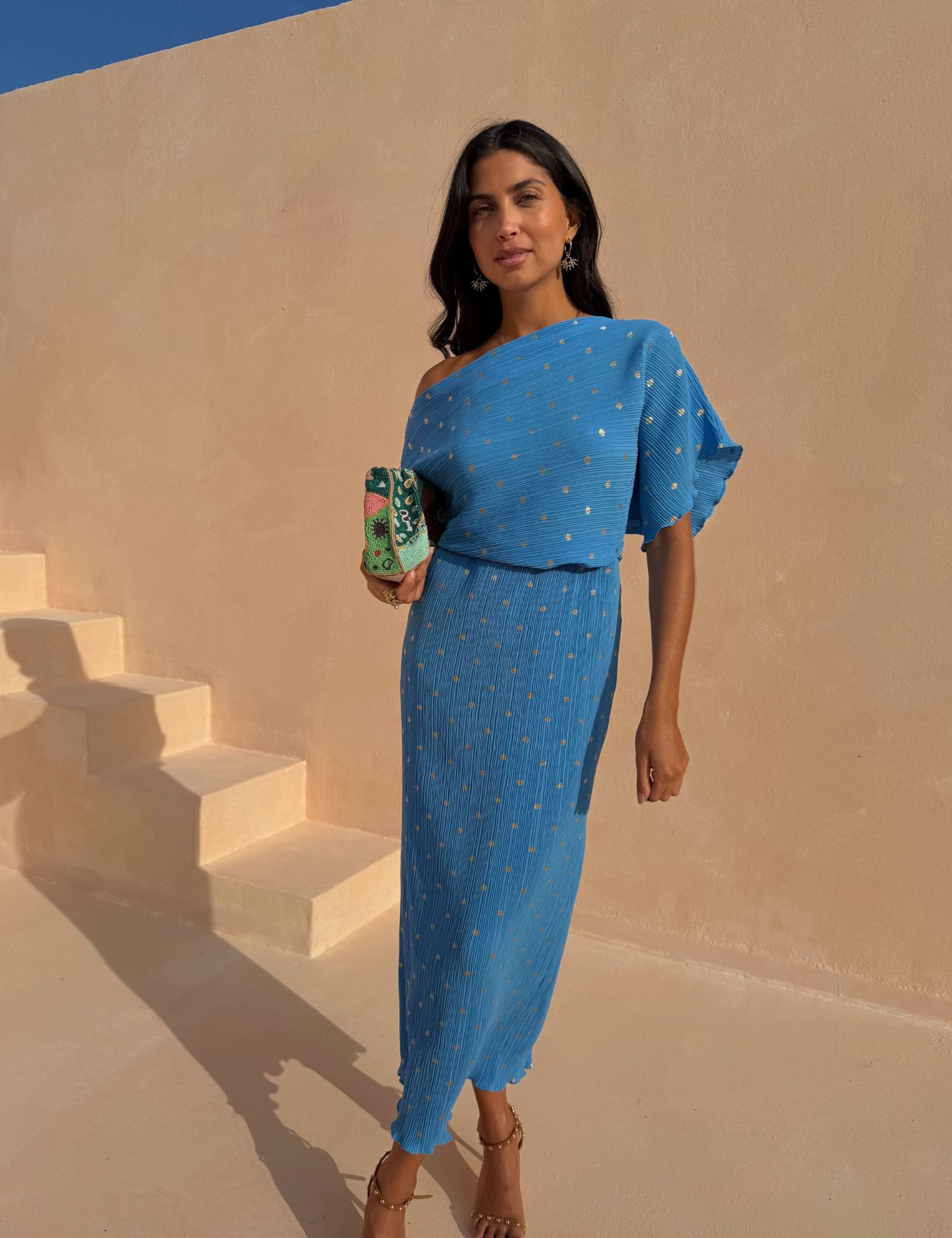 Plisse Metallic One Shoulder Midaxi Dress