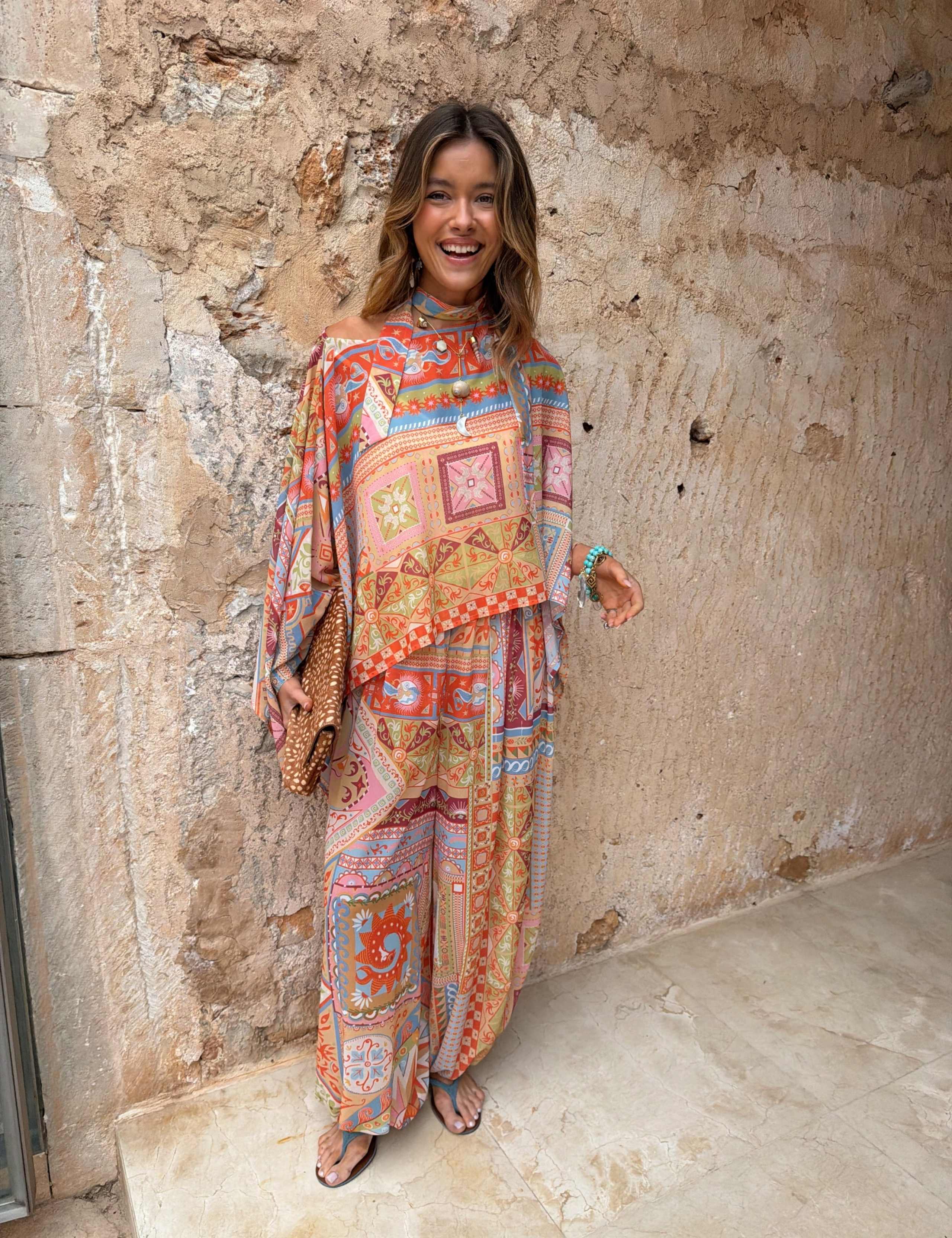 Printed Removable Tie Slash Neck Top