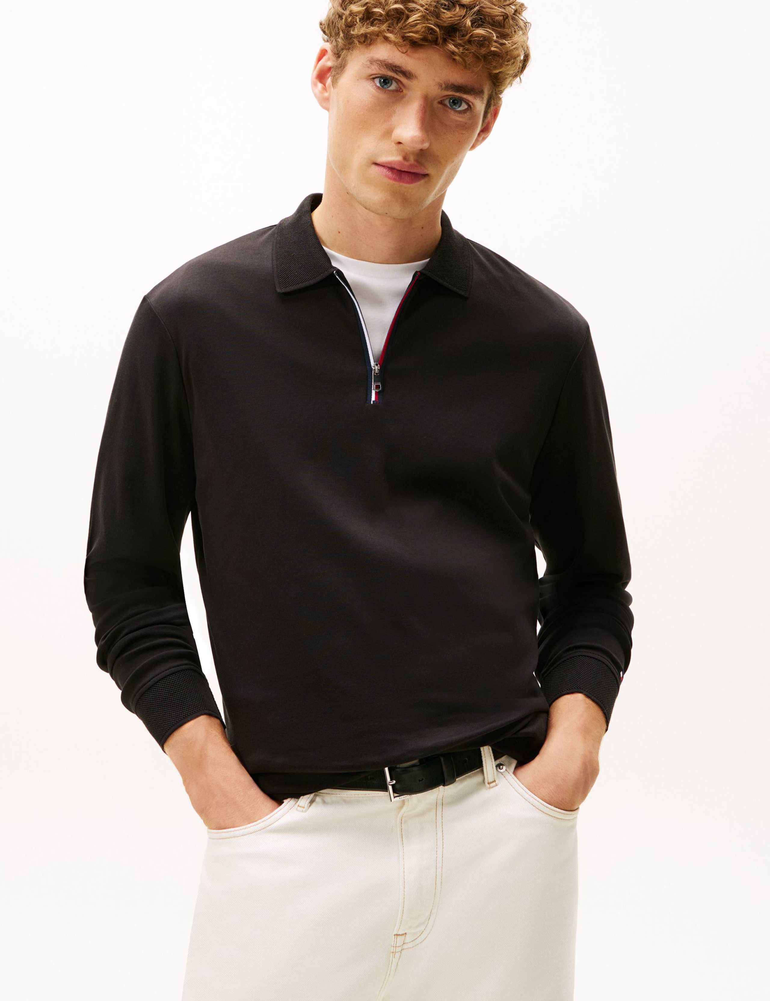 Pure Cotton Half Zip Long Sleeve Polo Shirt
