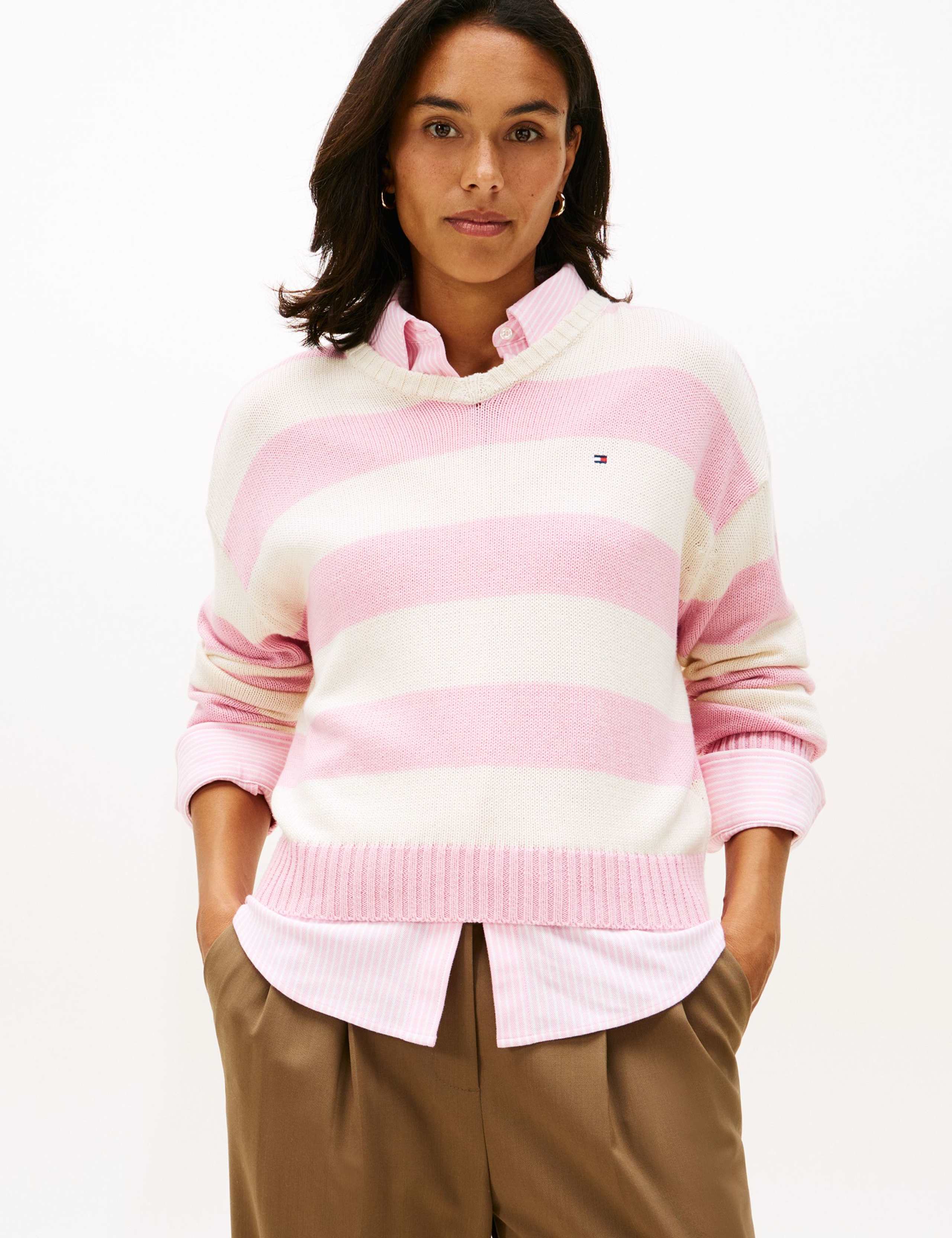 Cotton Rich Striped V-Neck Jumper with Cashmere
