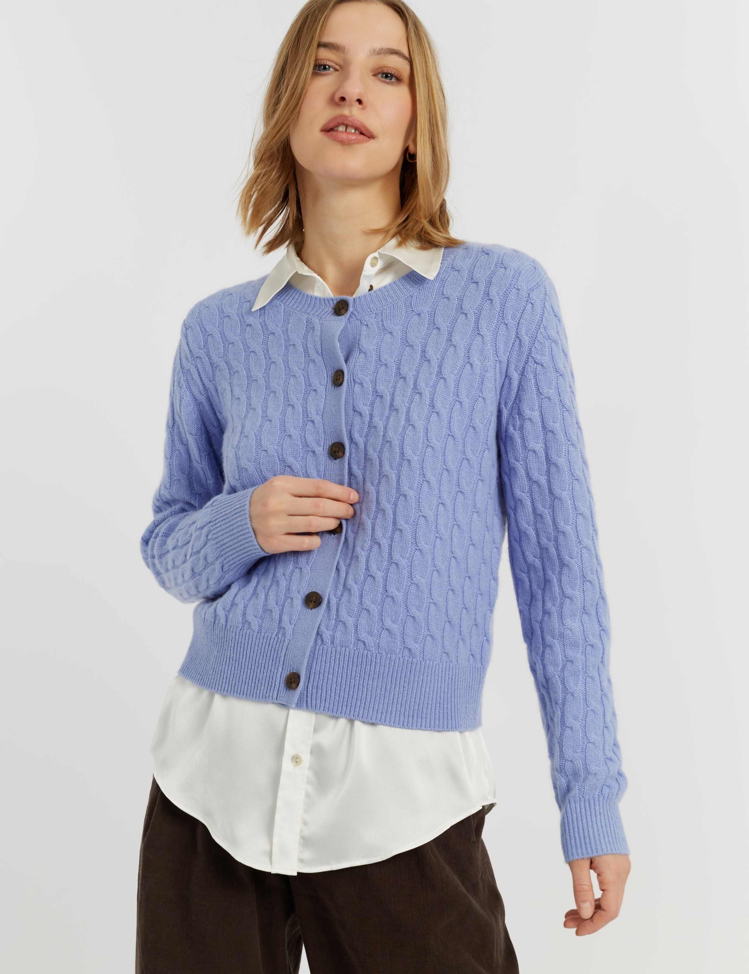Pure Cashmere Cable Knit Crew Neck Cardigan