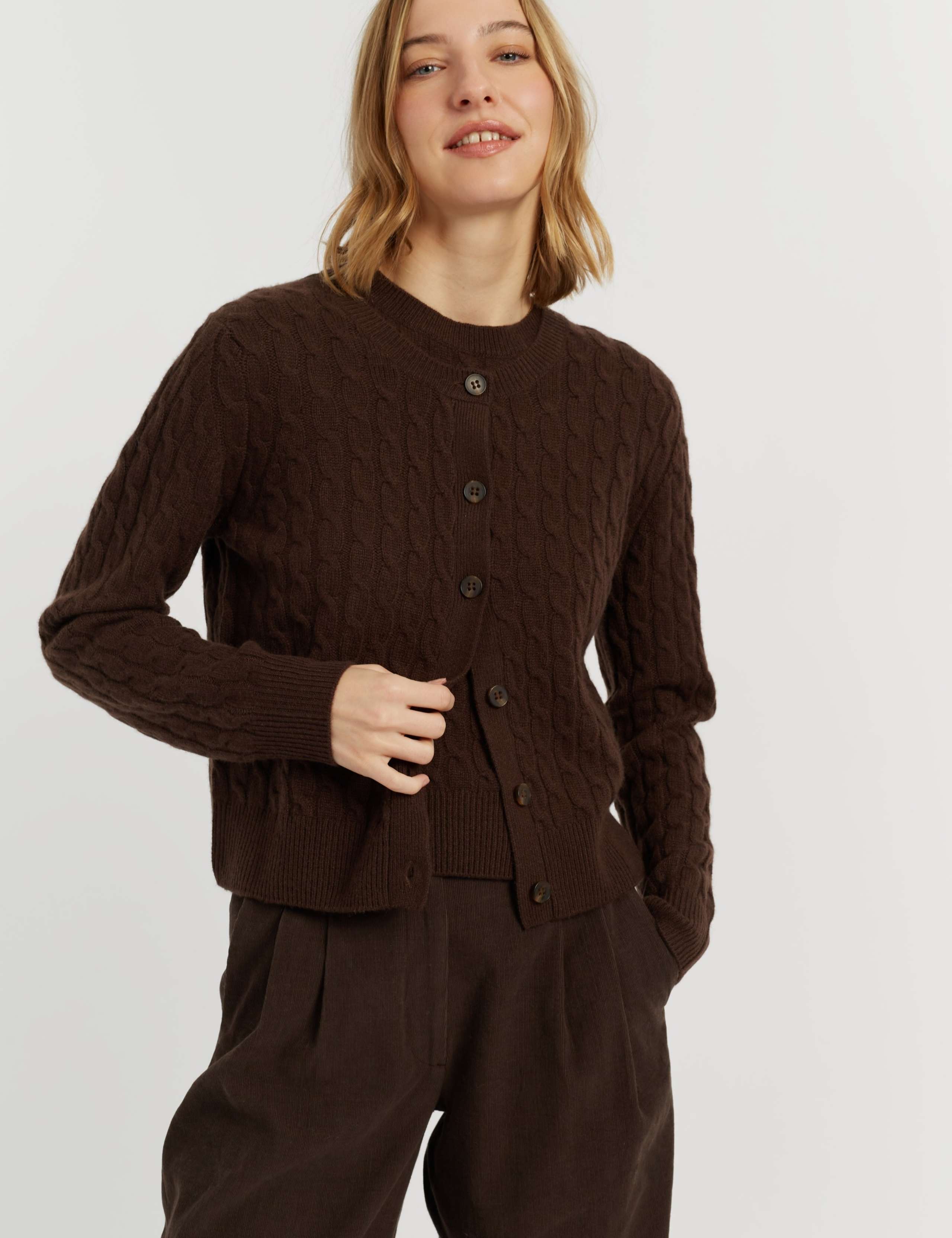 Pure Cashmere Cable Knit Crew Neck Cardigan