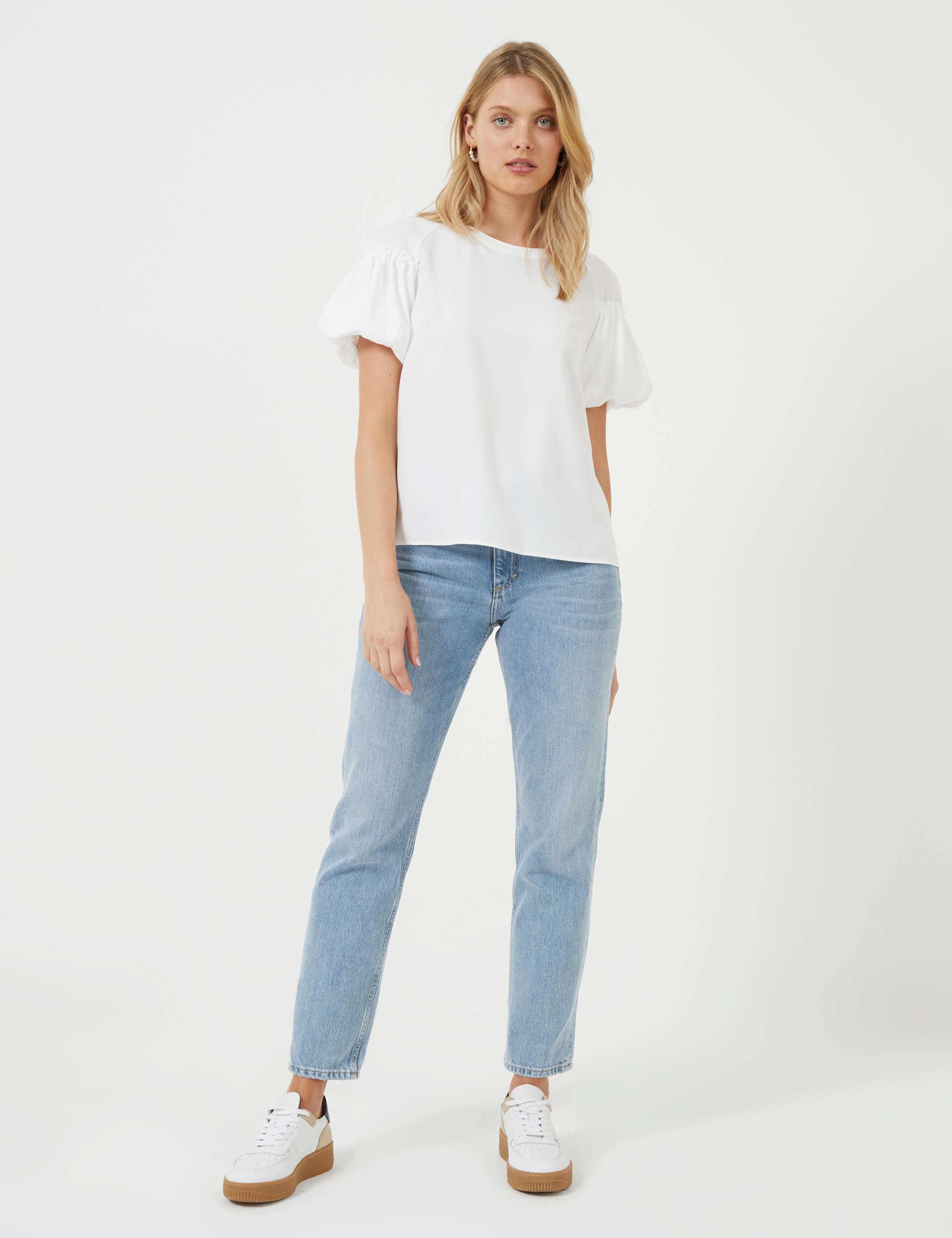 Crepe Round Neck Puff Sleeve Top