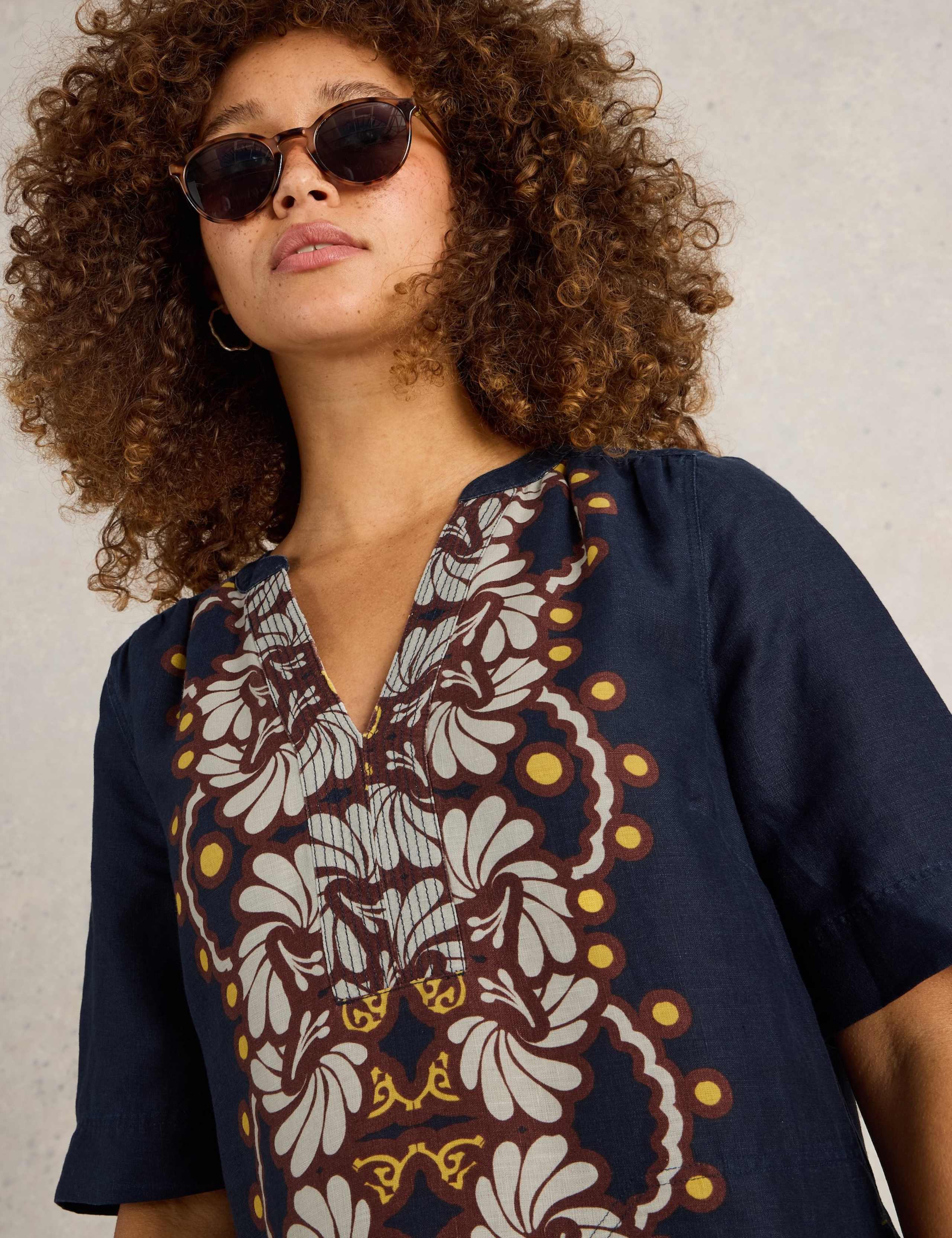 Pure Linen Printed Knee Length Shift Dress