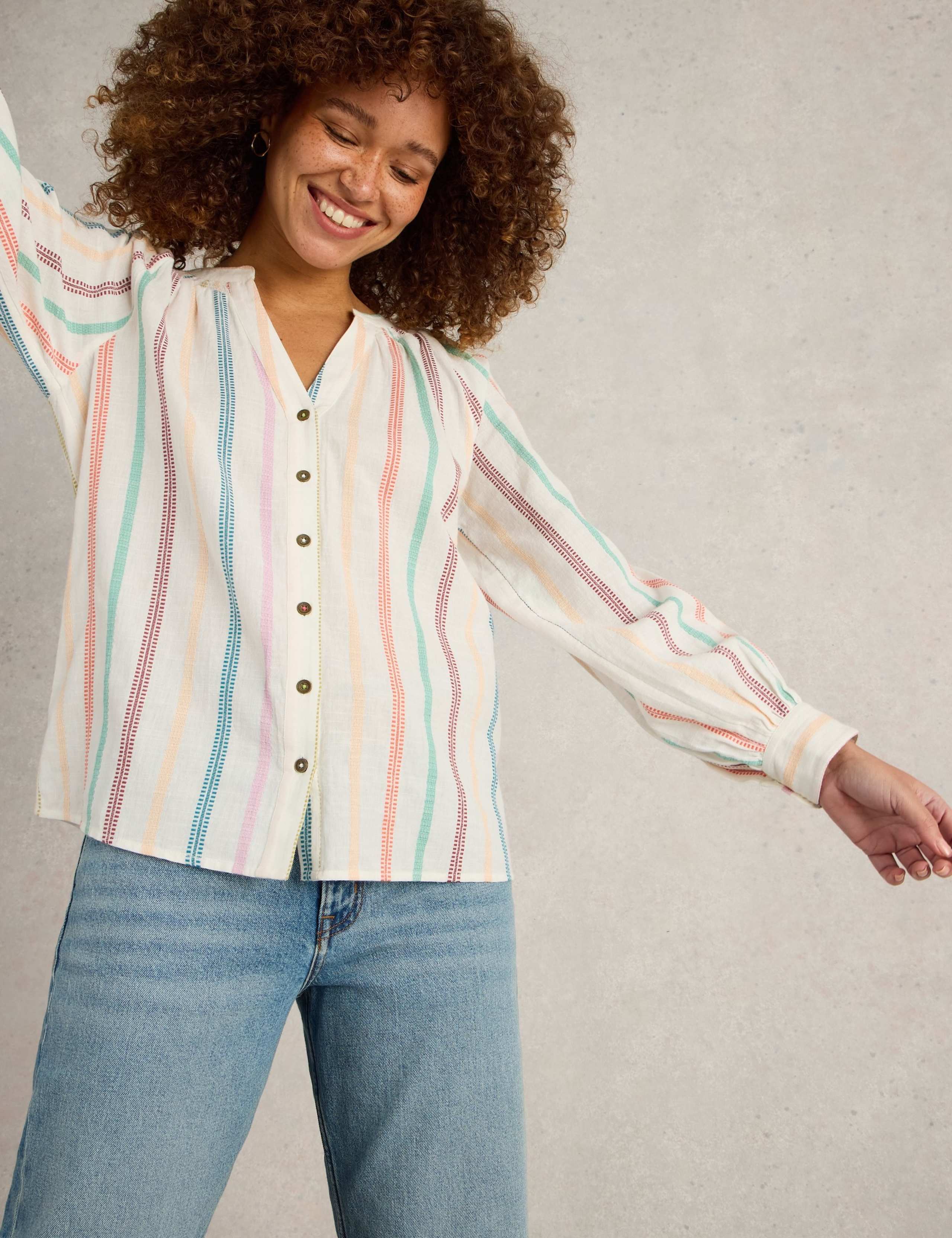 Pure Cotton Jacquard Striped Notch Neck Top