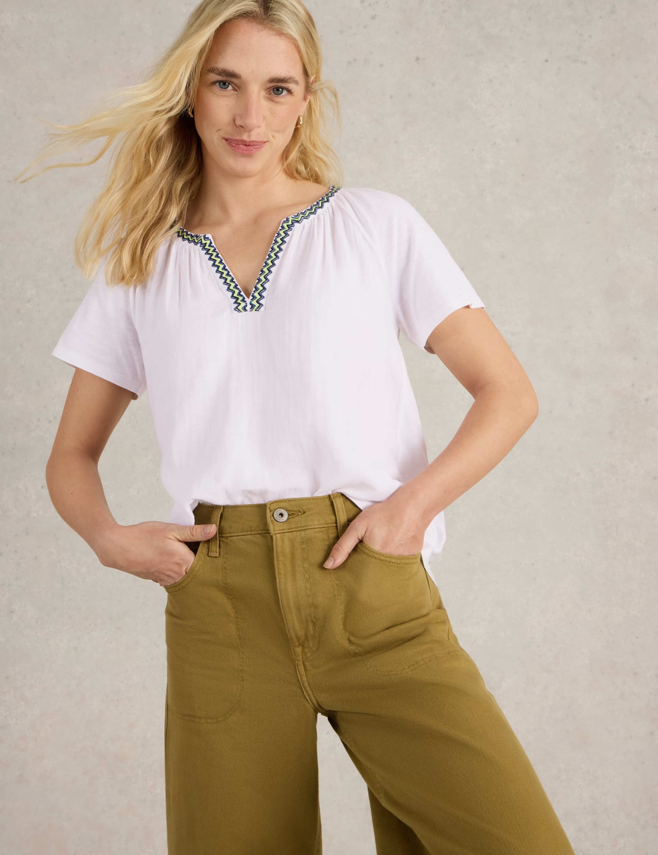Pure Cotton Embroidered V-Neck Top