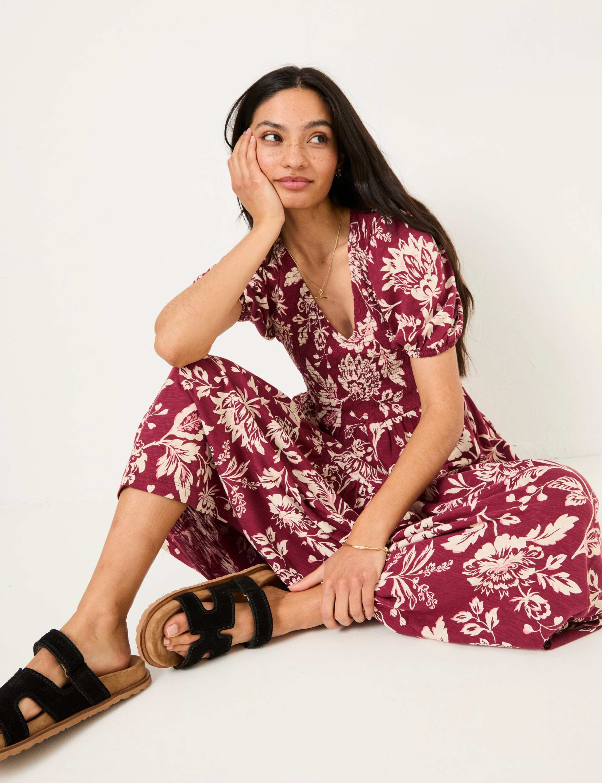 Cotton Rich Floral V-Neck Midi Waisted Dress