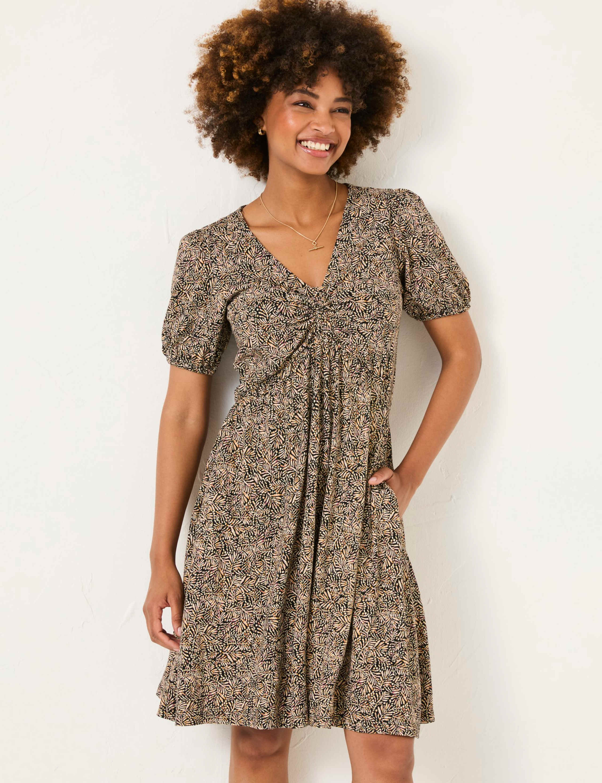 Cotton Rich Printed V-Neck Waisted Dress