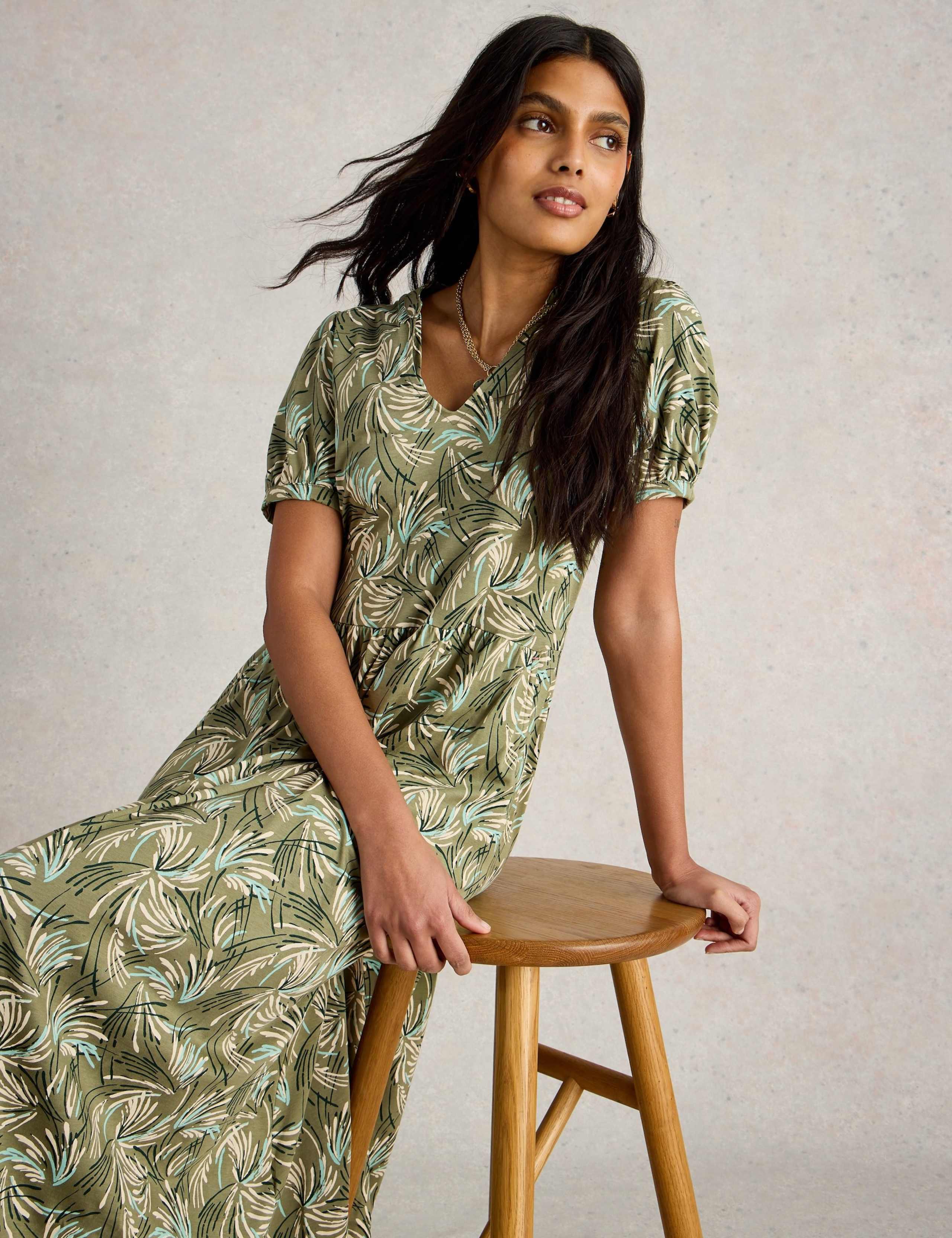 Cotton Blend Printed Midi Jersey Tea Dress
