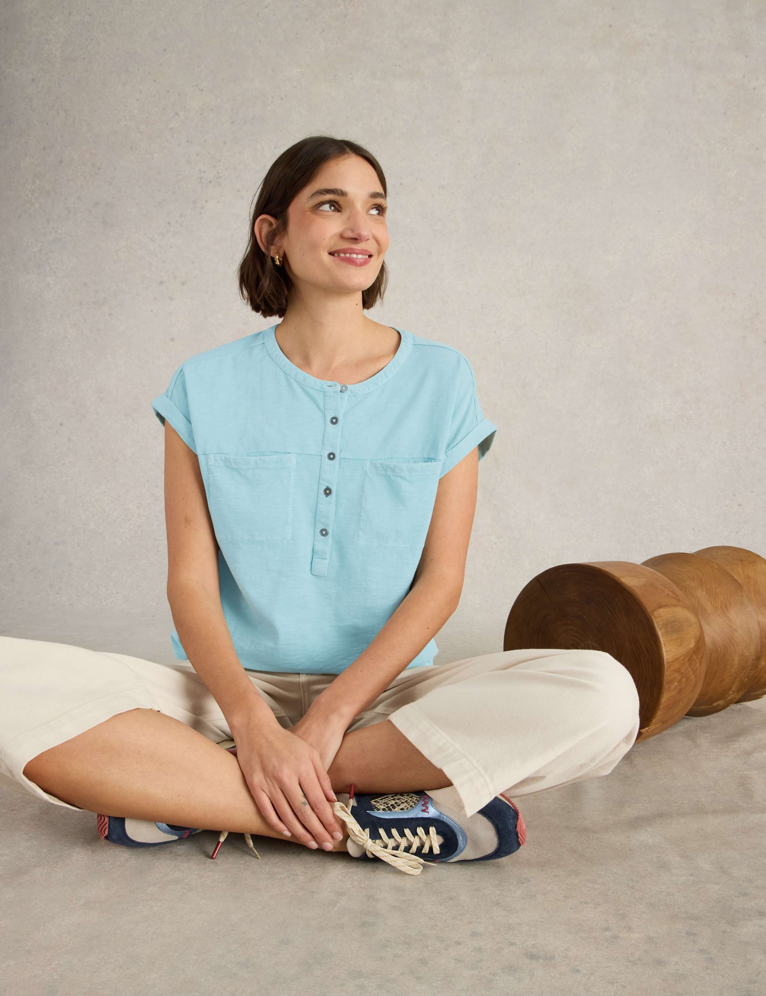 Pure Cotton Crew Neck Button Detail Shirt
