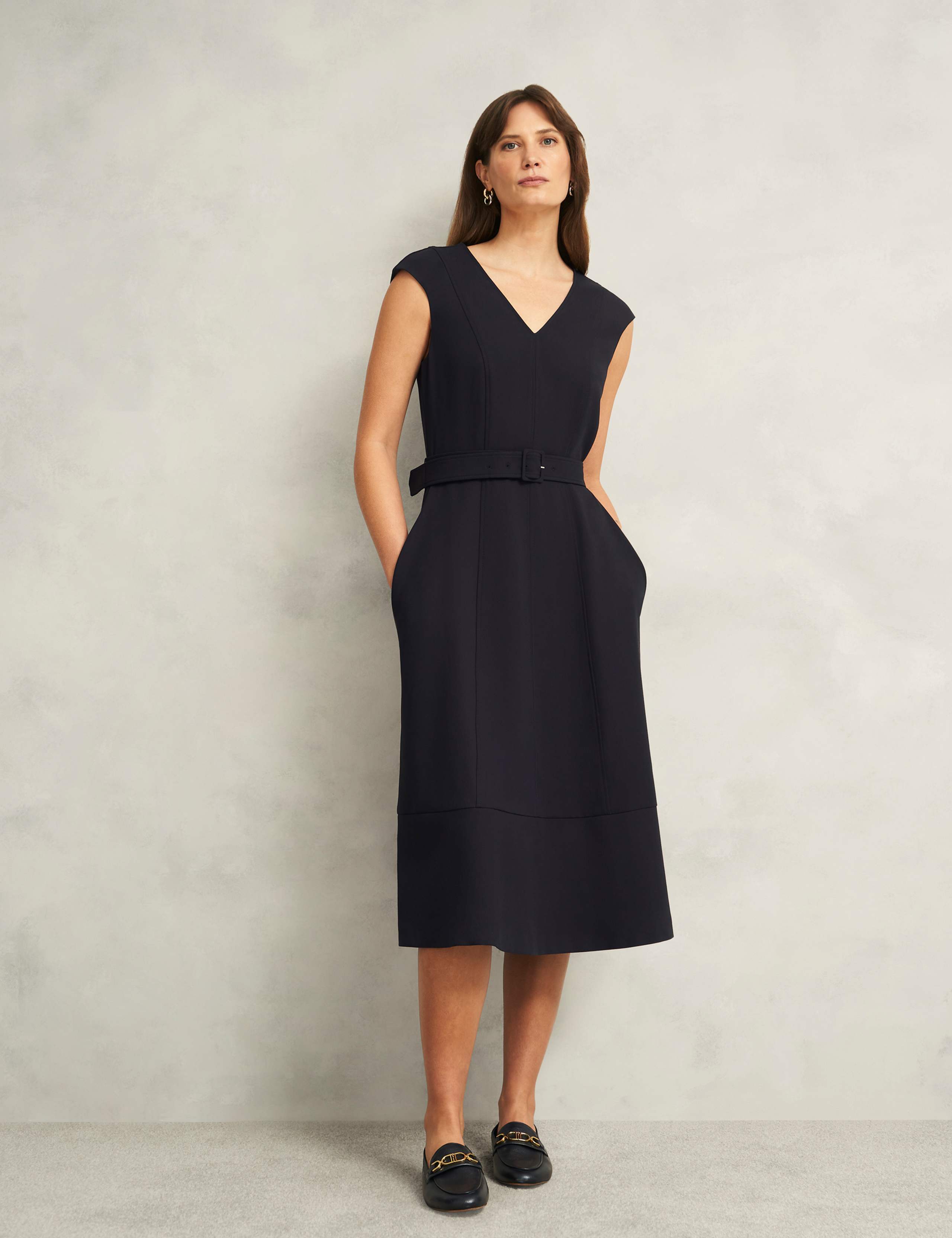 V-Neck Belted Midi Skater Dress