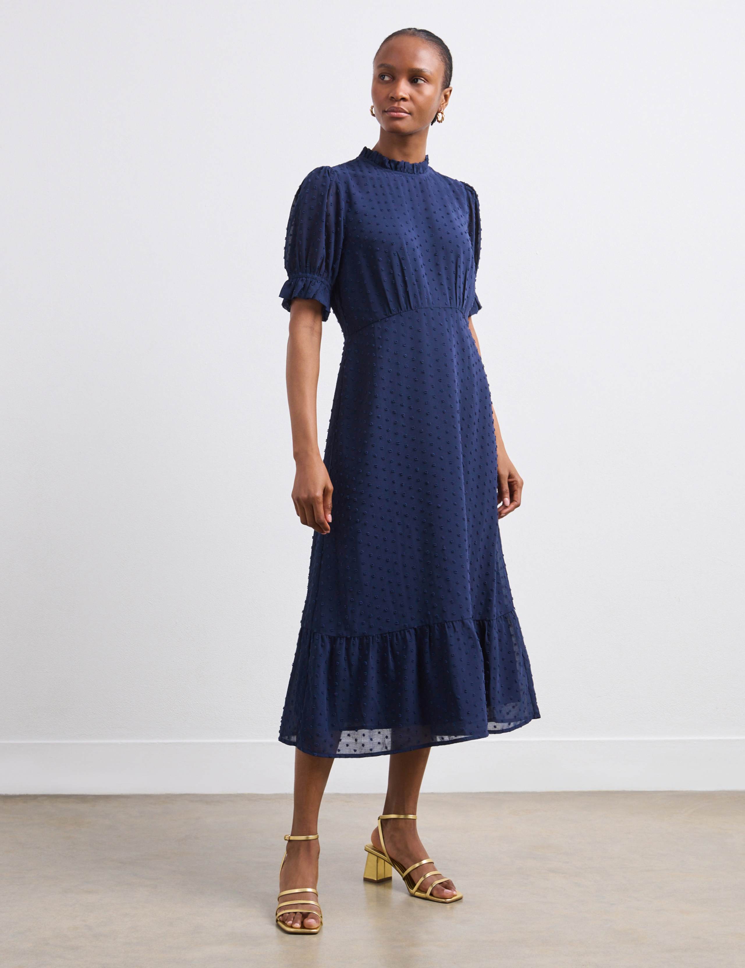 Spot Print Puff Sleeve Midi Tiered Dress