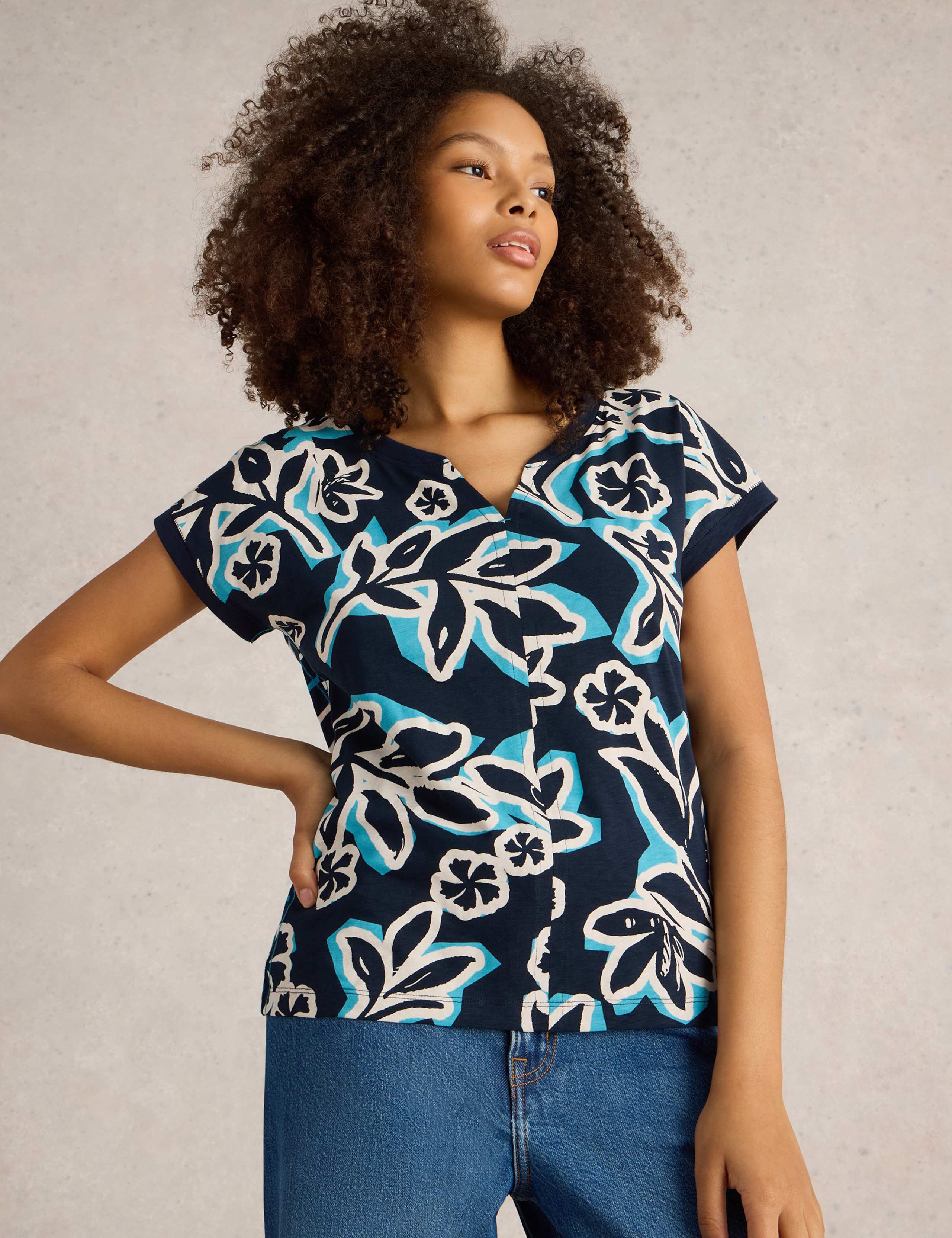 Pure Cotton Floral Notch Neck Top