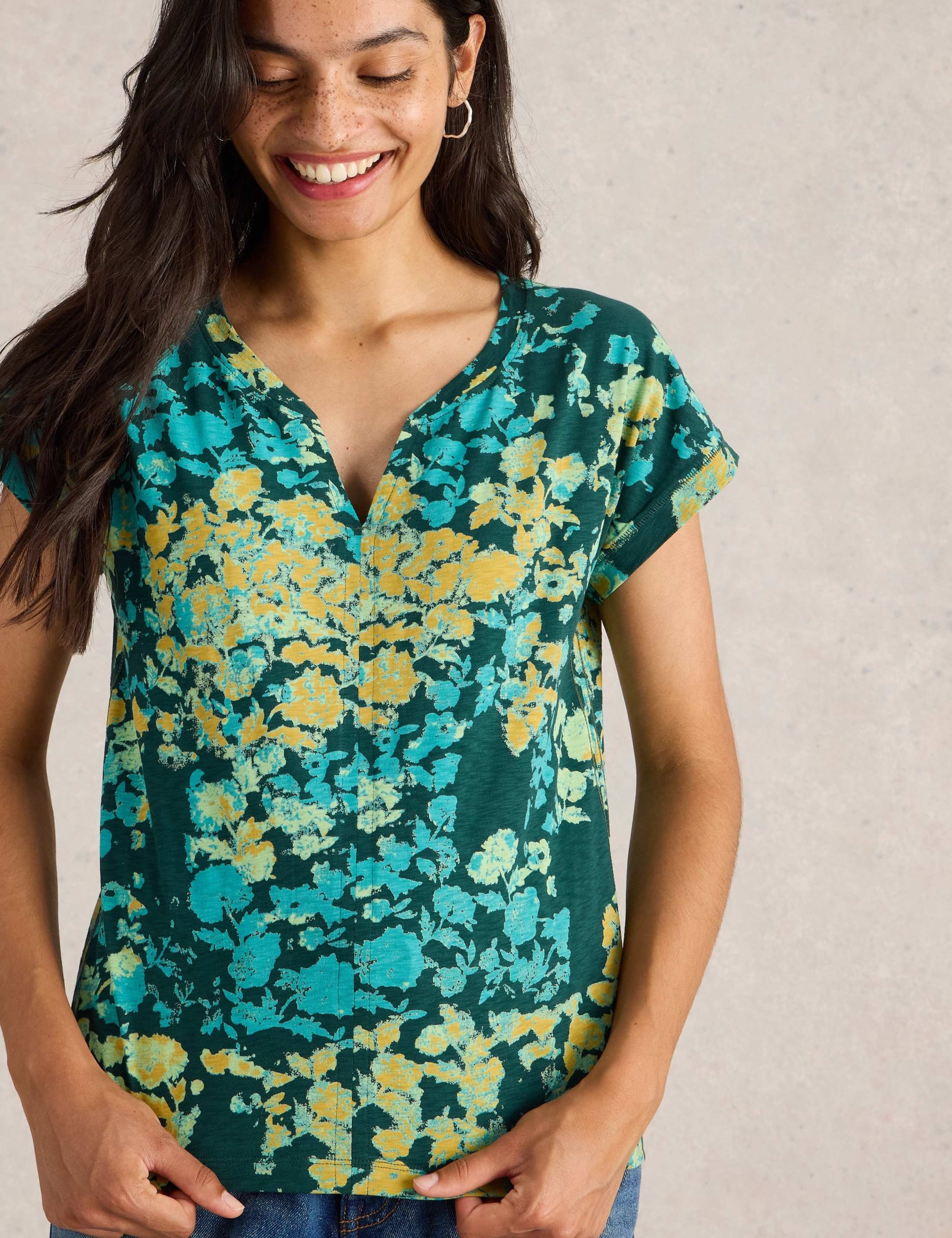 Pure Cotton Floral Notch Neck Top