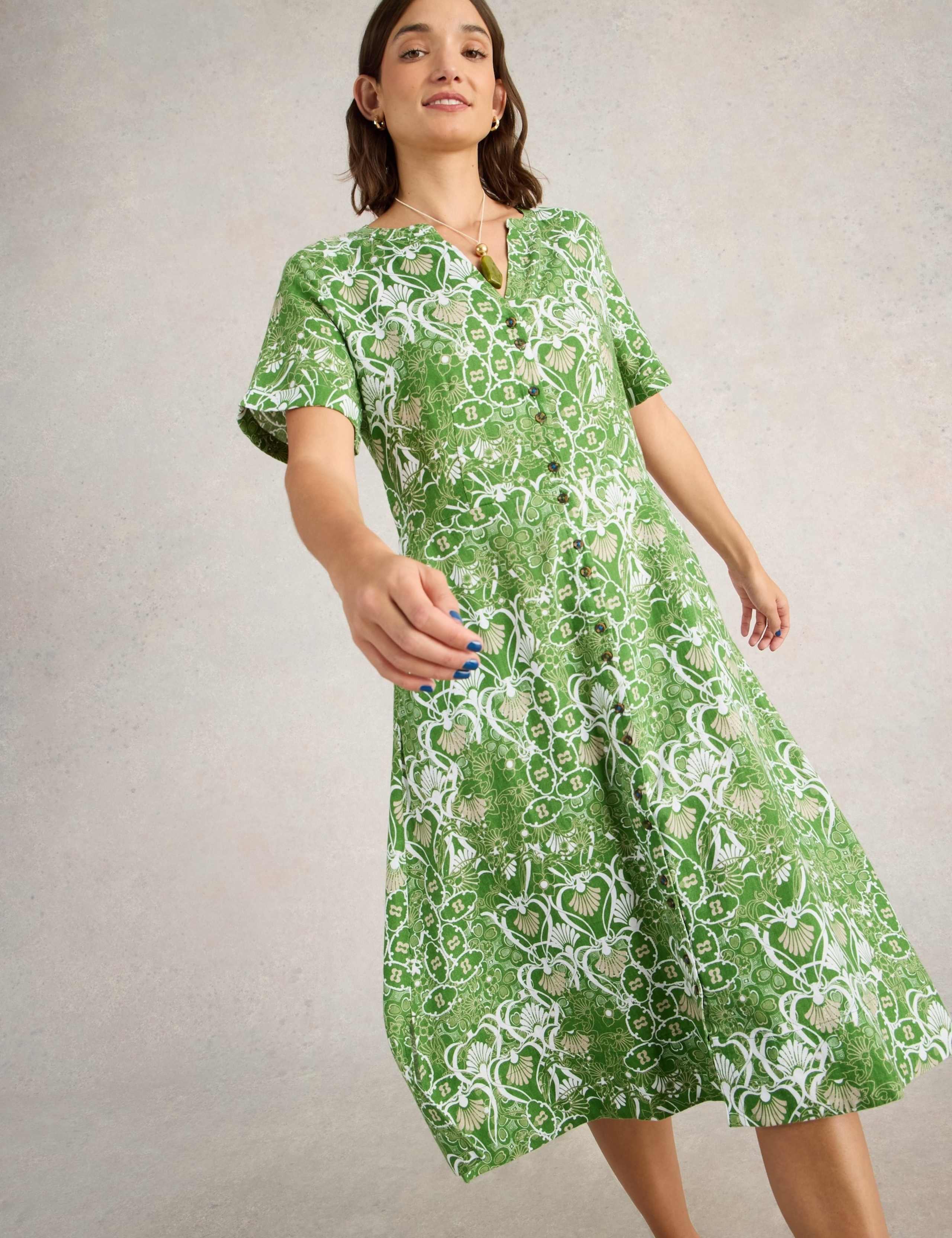 Pure Linen Notch Neck Button Through Tea Dress