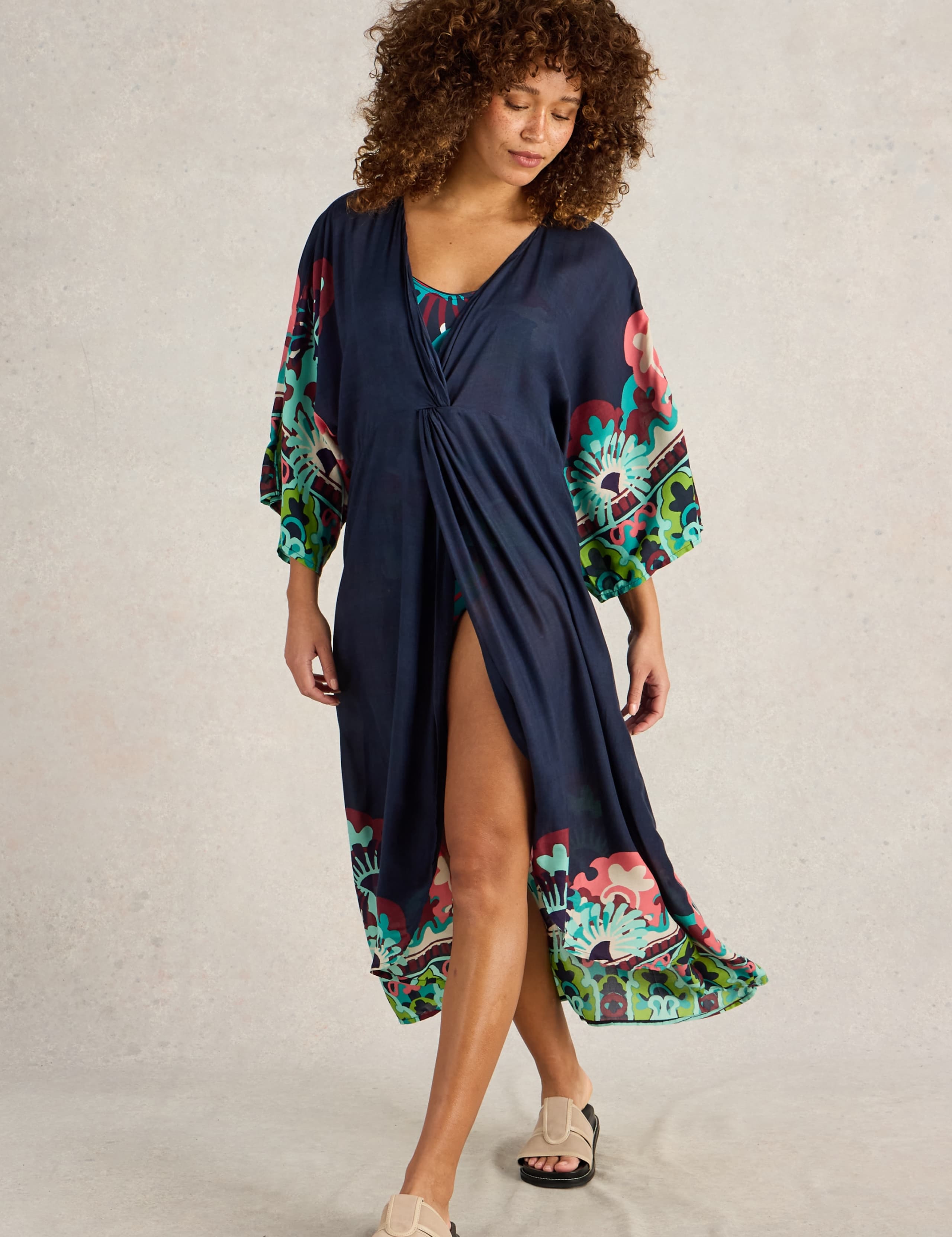 Printed V-Neck Midaxi Kimono