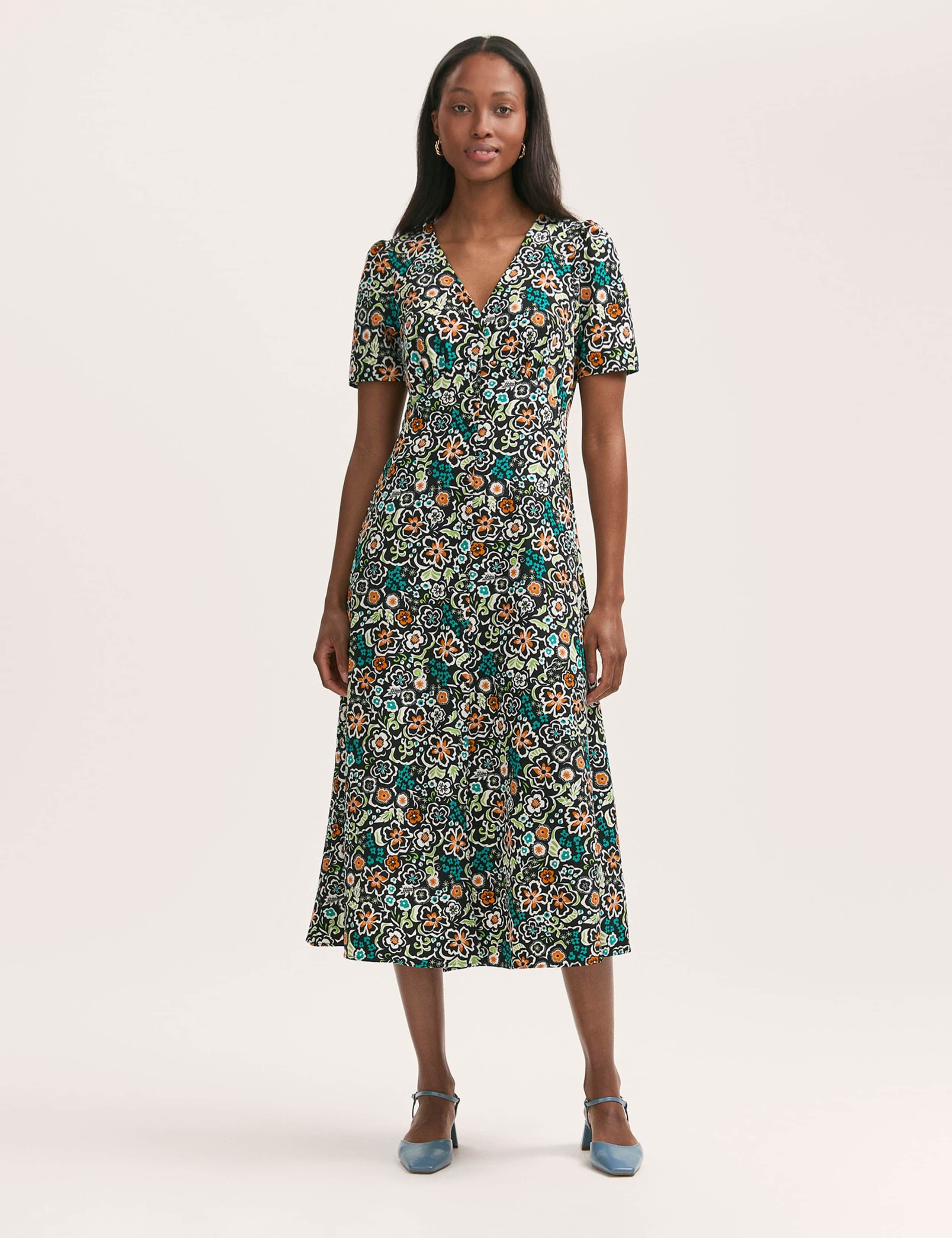 Floral V-Neck Button Through Midi Tea Dress