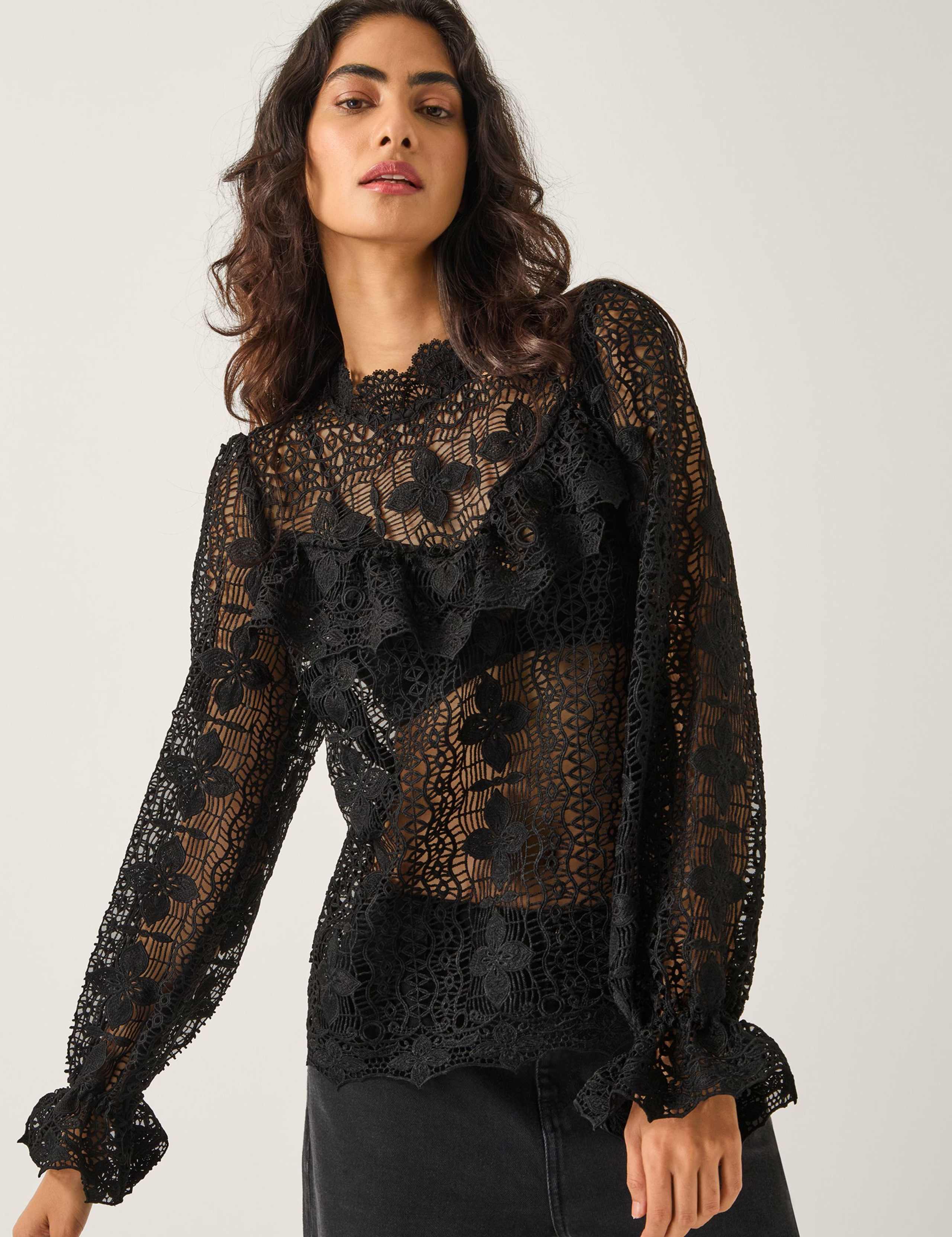 Sheer Lace Floral High Neck Blouse