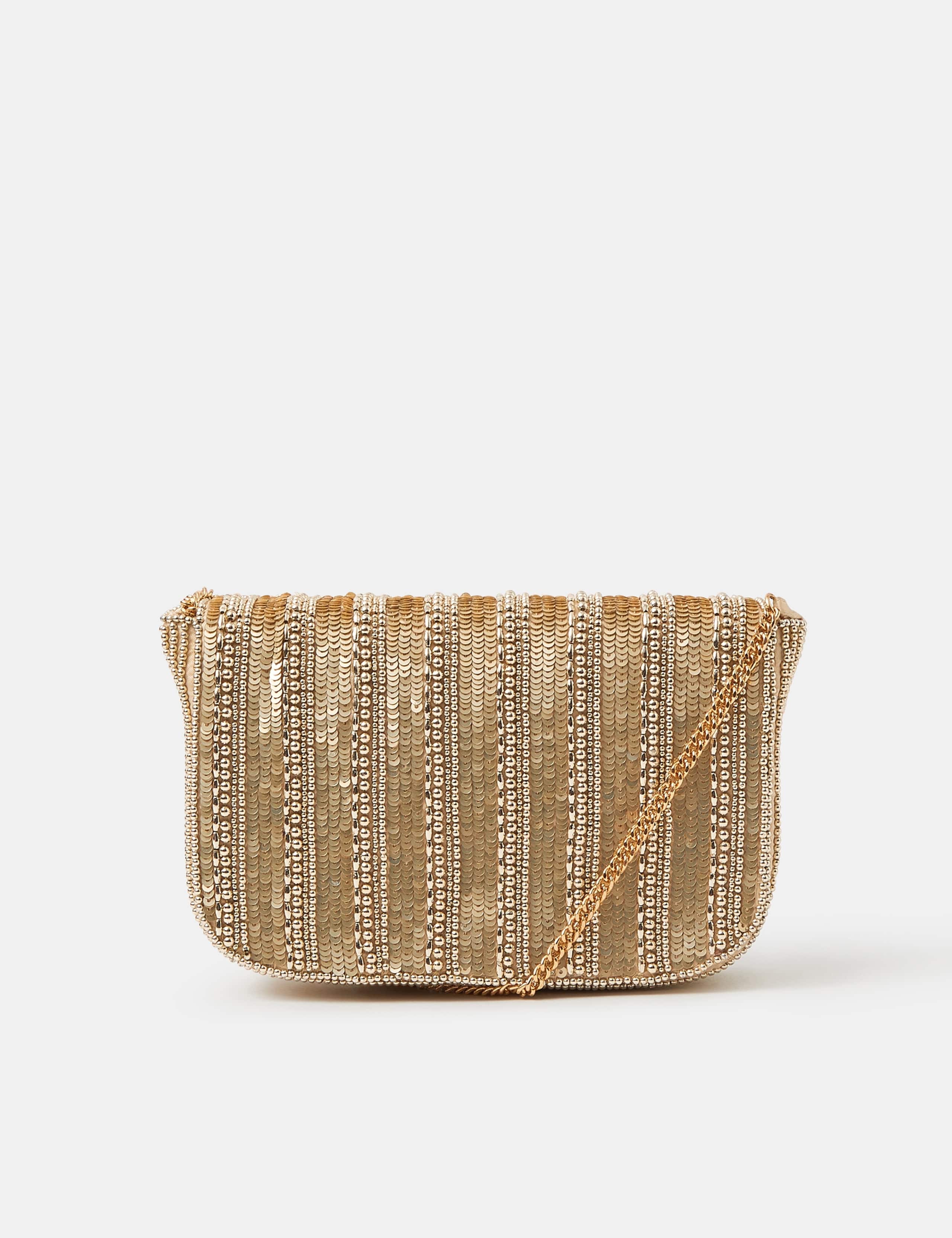 Striped Beaded Flap Cross Body Clutch Bag