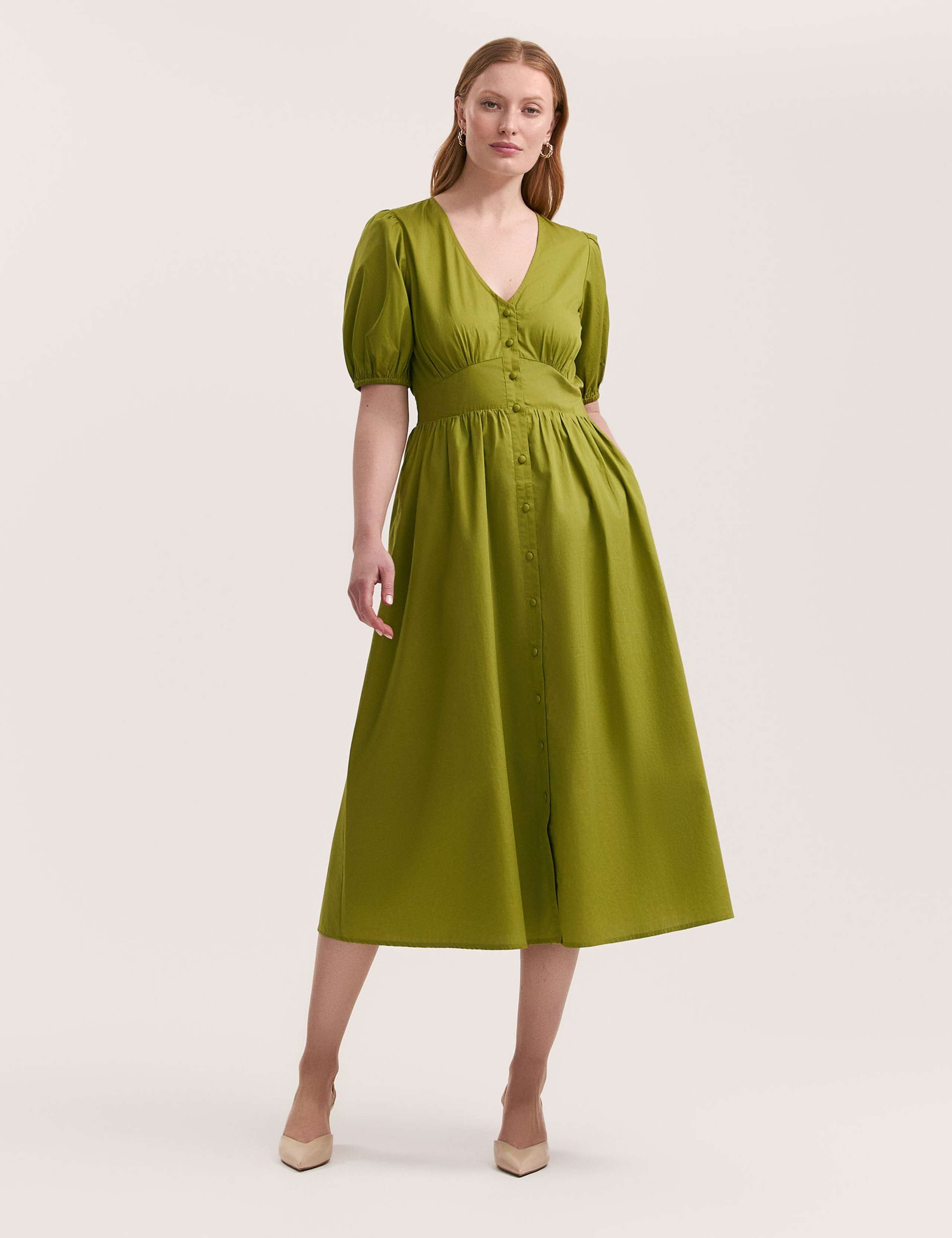Pure Cotton V-Neck Midi Tea Dress
