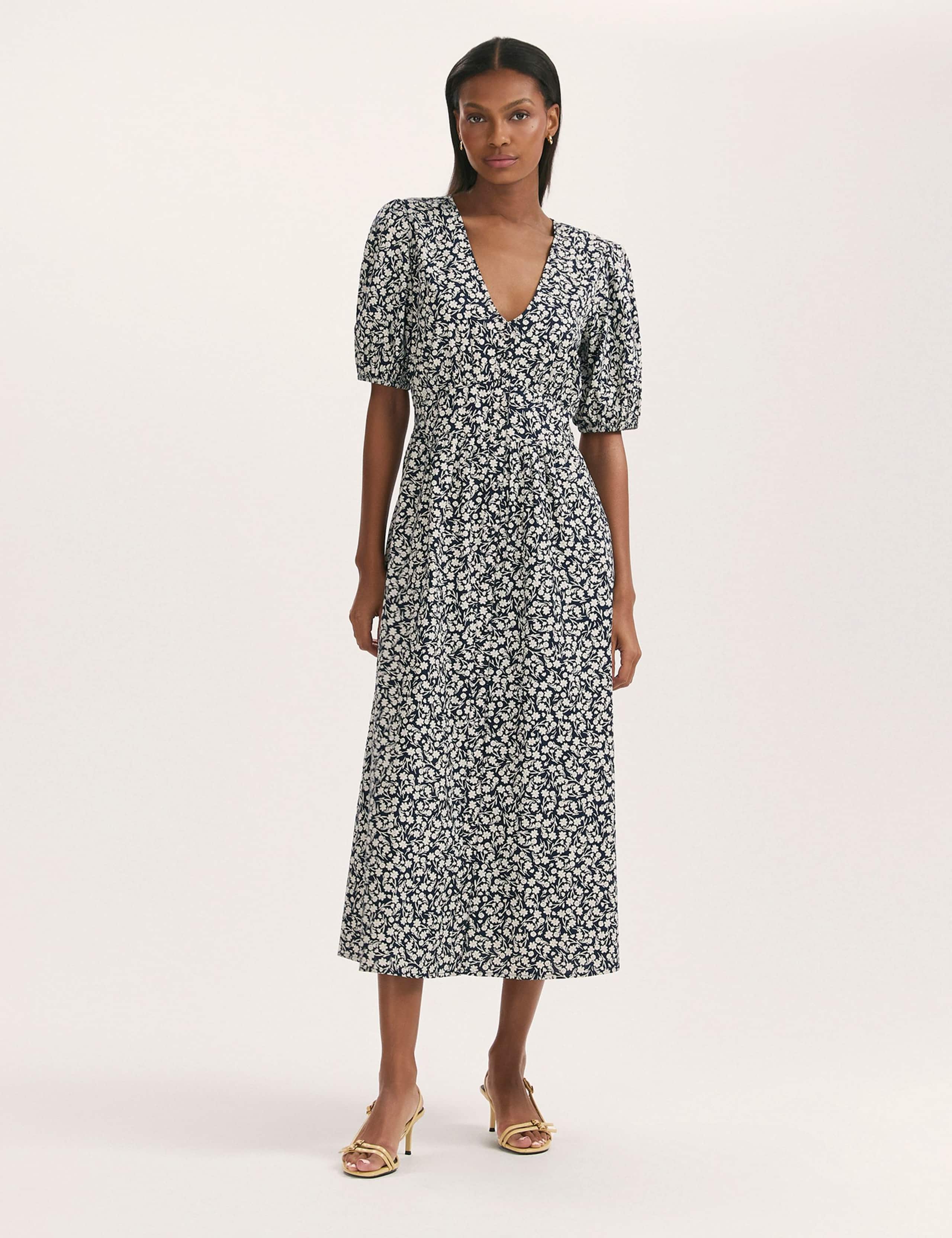 Pure Cotton Floral V-Neck Midi Waisted Dress