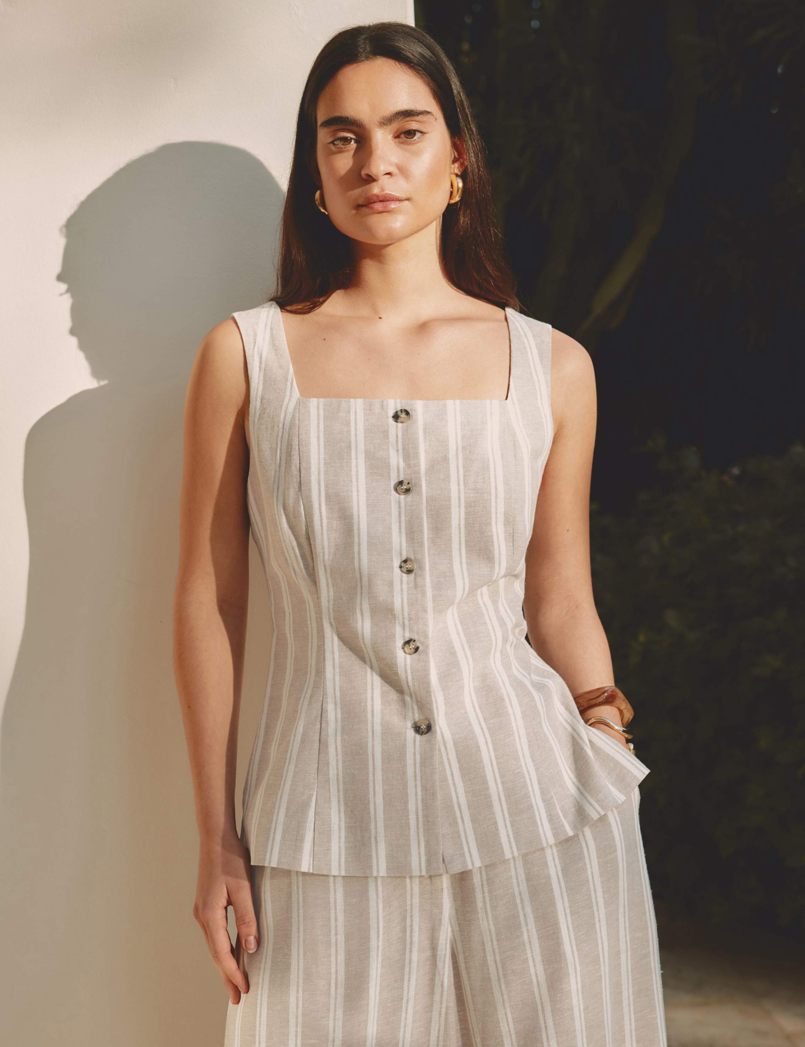 Linen Rich Striped Square Neck Top