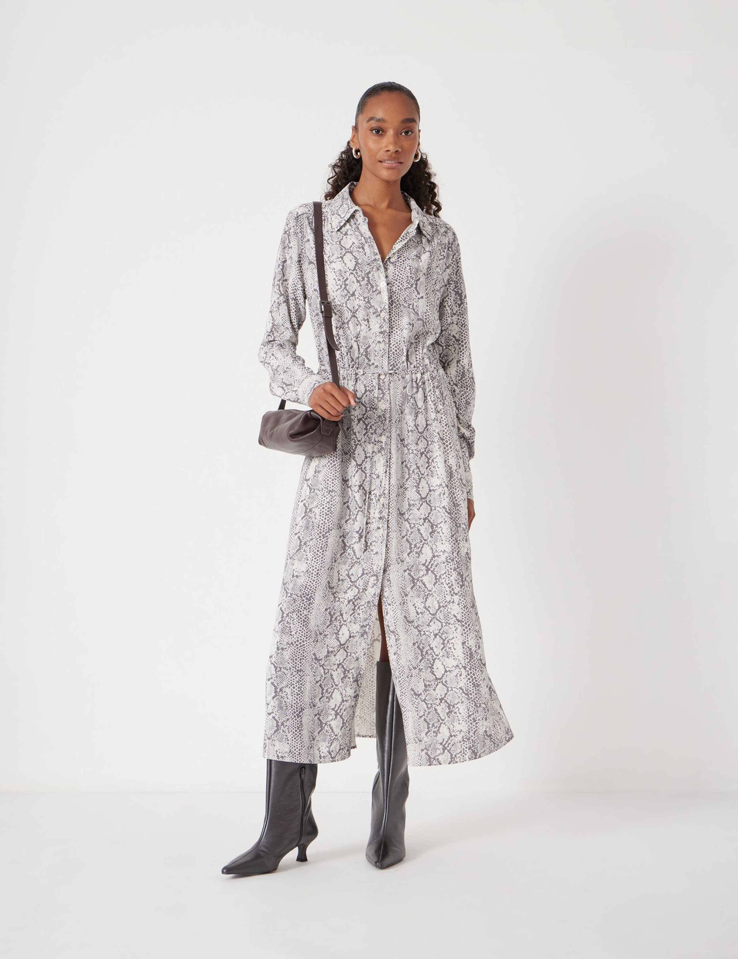 Crepe Animal Print Midi Shirt Dress