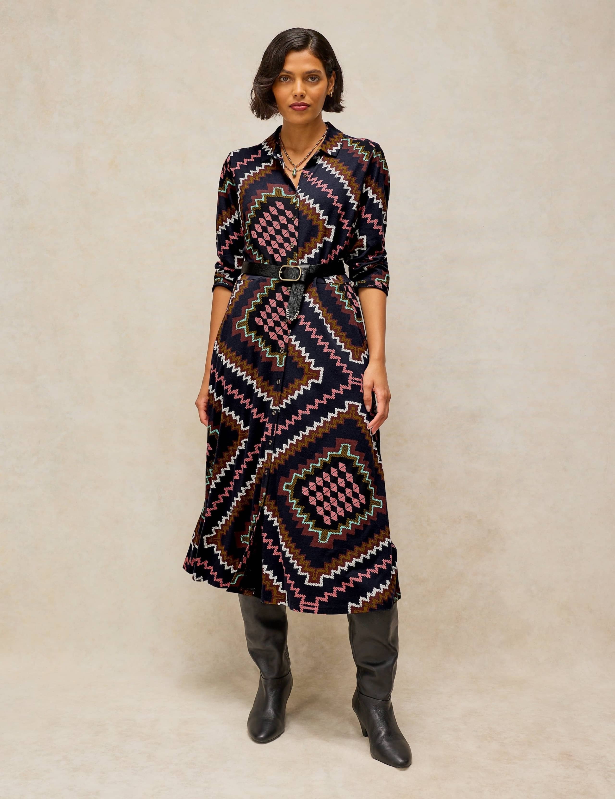 Cotton Blend Jersey Printed Midi Shirt Dress