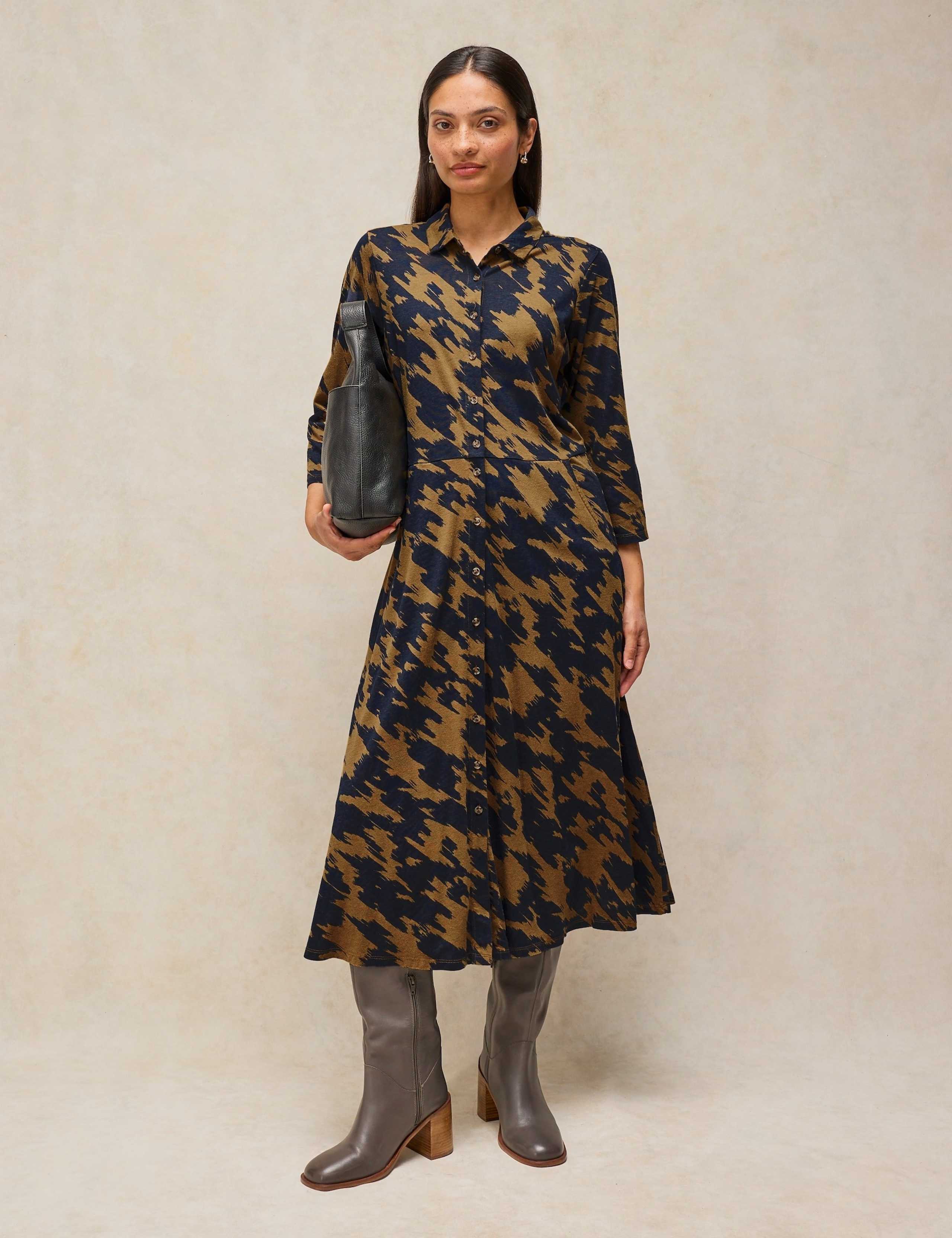 Cotton Blend Jersey Printed Midi Shirt Dress
