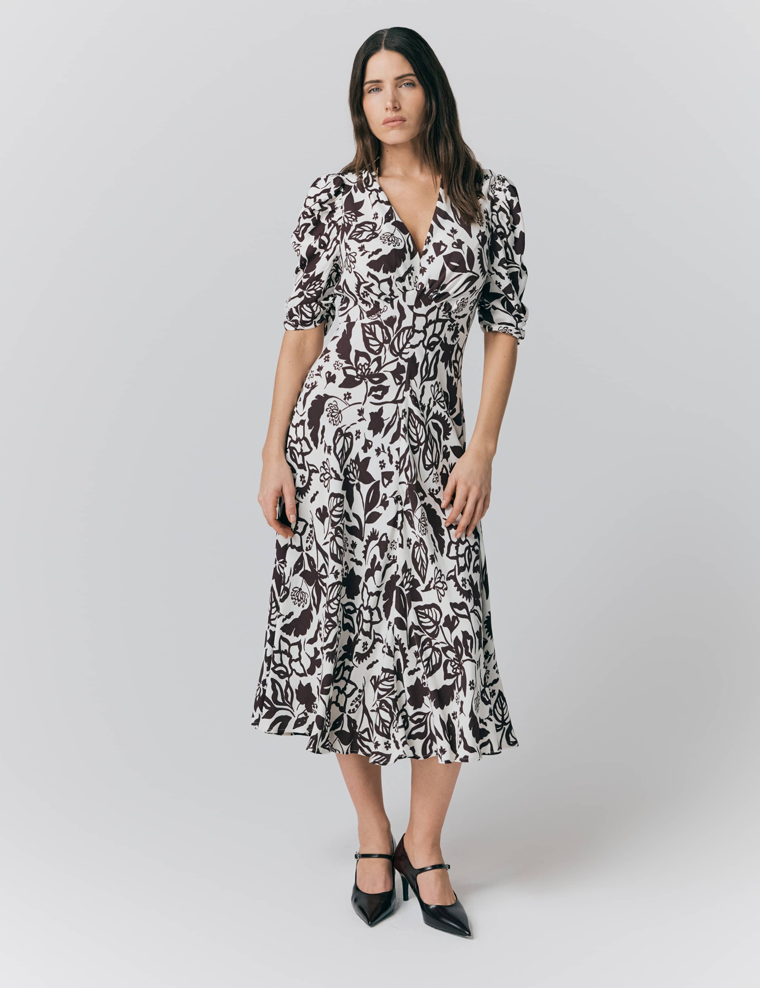 Crepe Floral V-Neck Midi Tea Dress