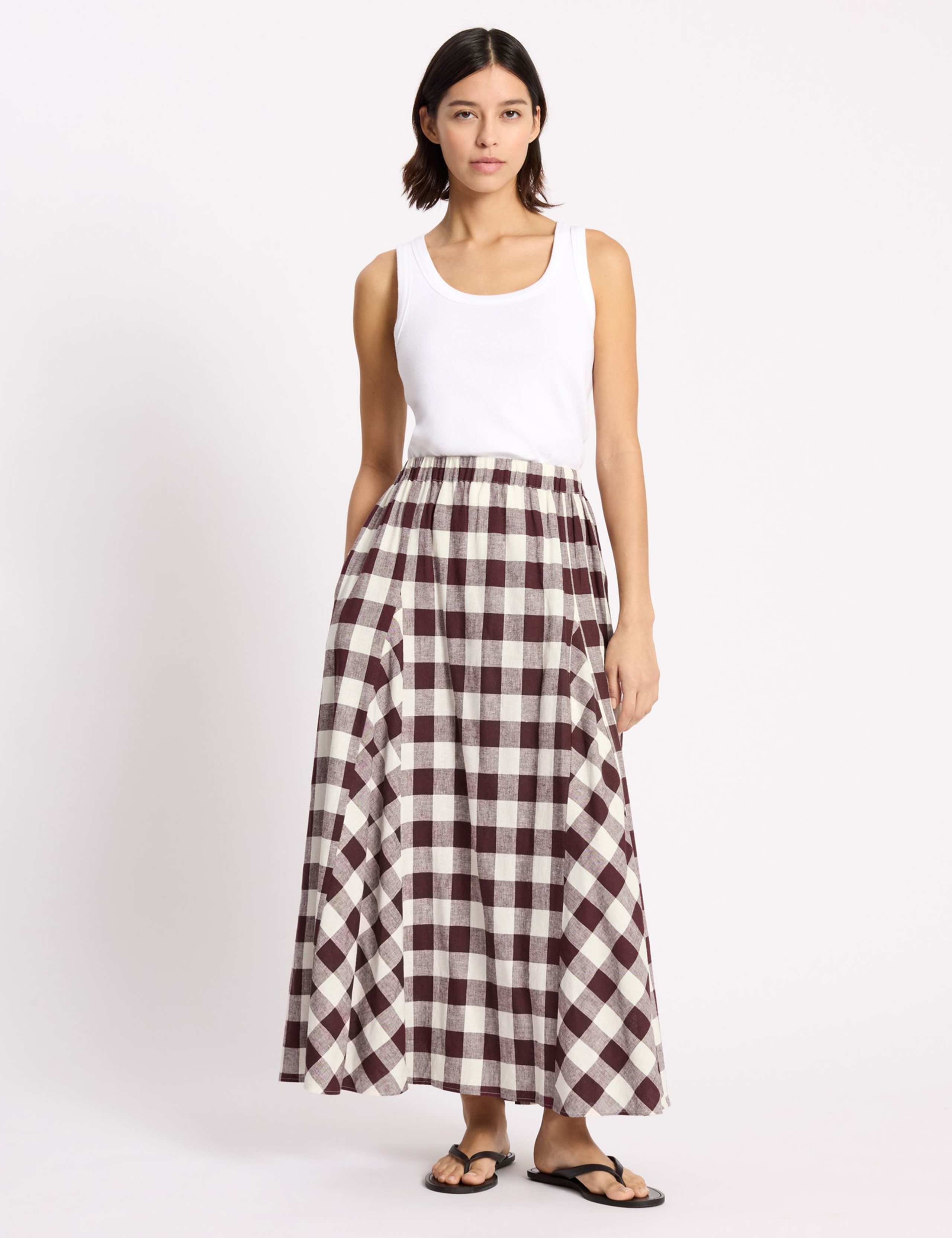 Linen Rich Gingham Midi A-Line Skirt