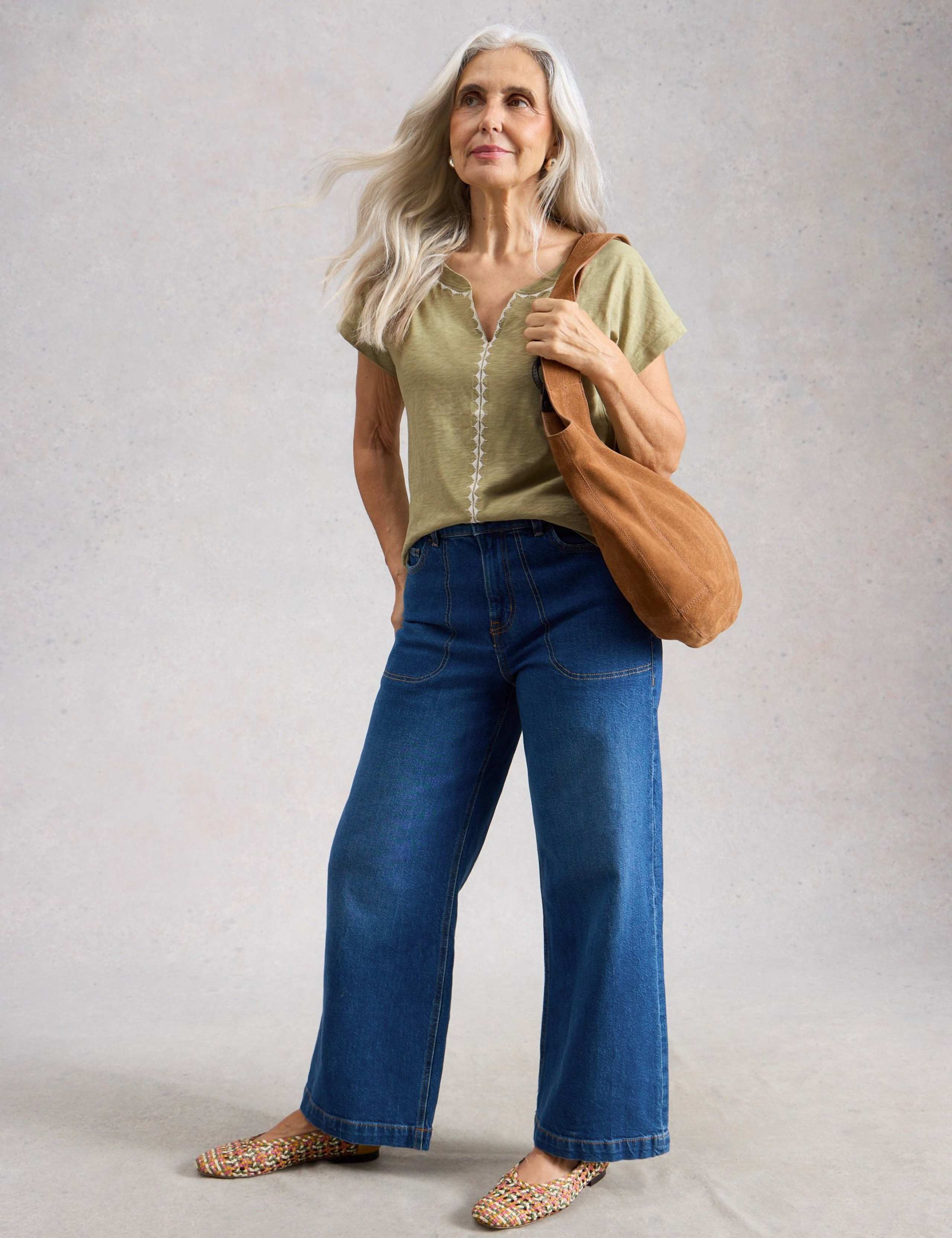 Pure Cotton Embroidered Notch Neck T-Shirt