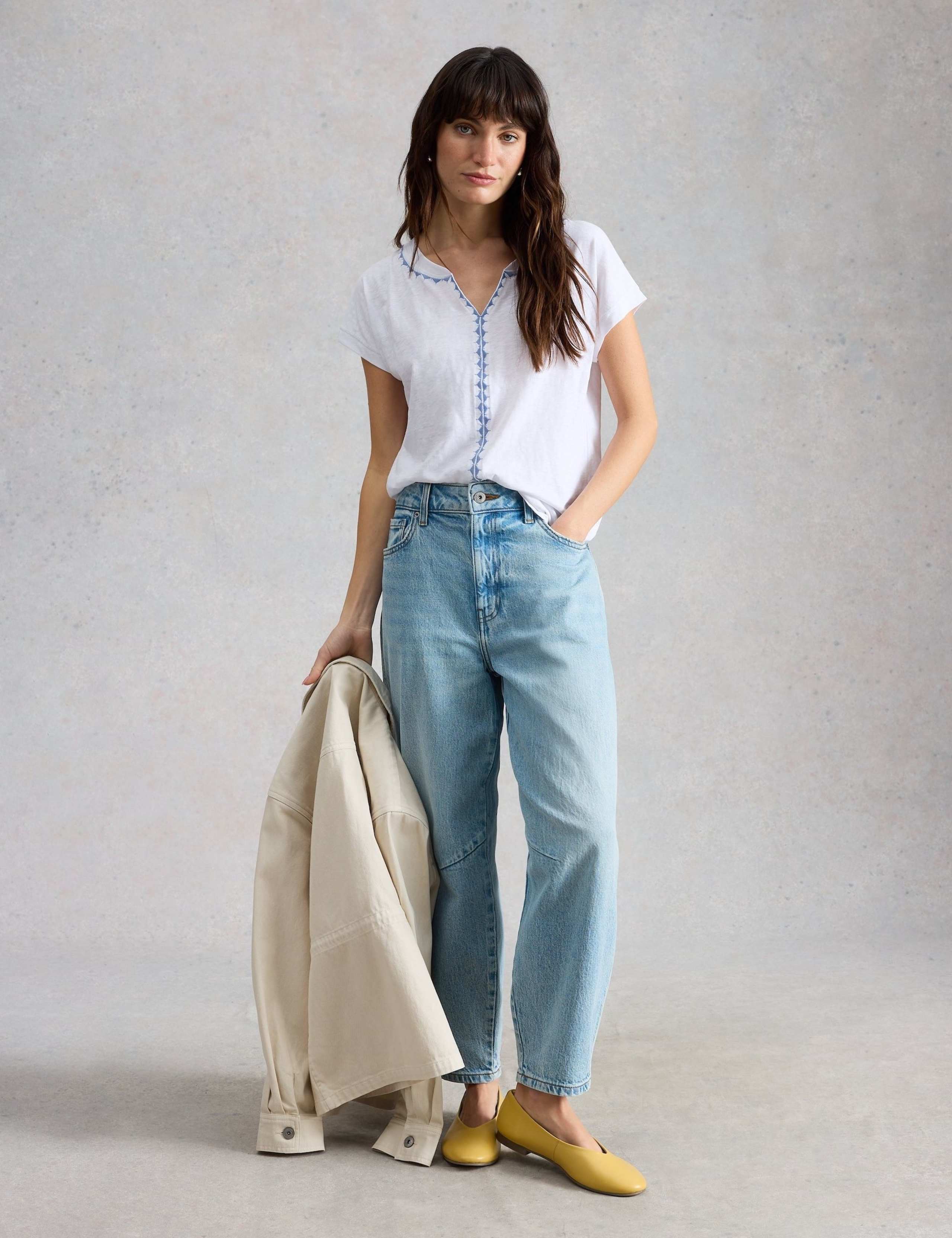 Pure Cotton Embroidered Notch Neck T-Shirt