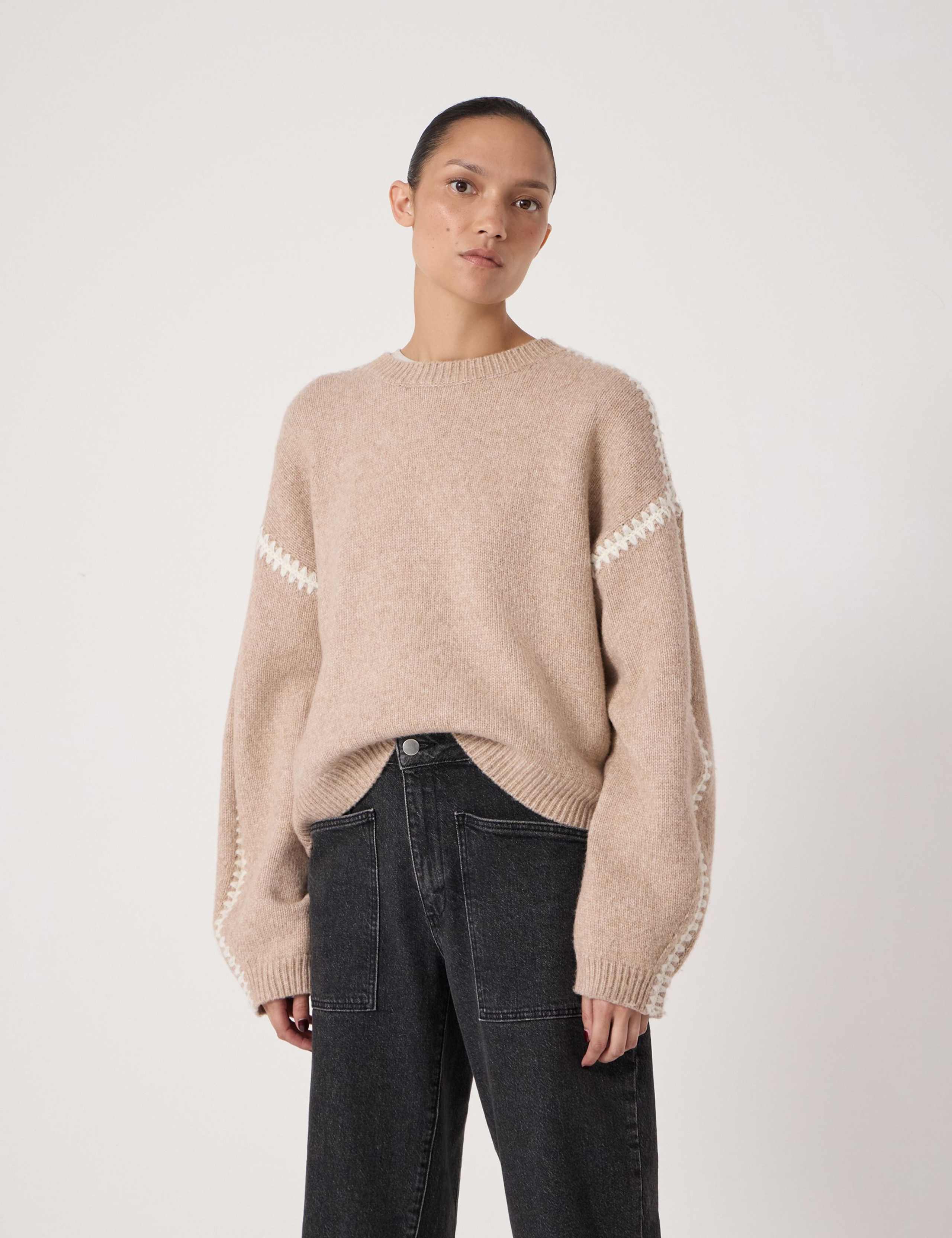 Textured Crew Neck Oversized Jumper with Wool