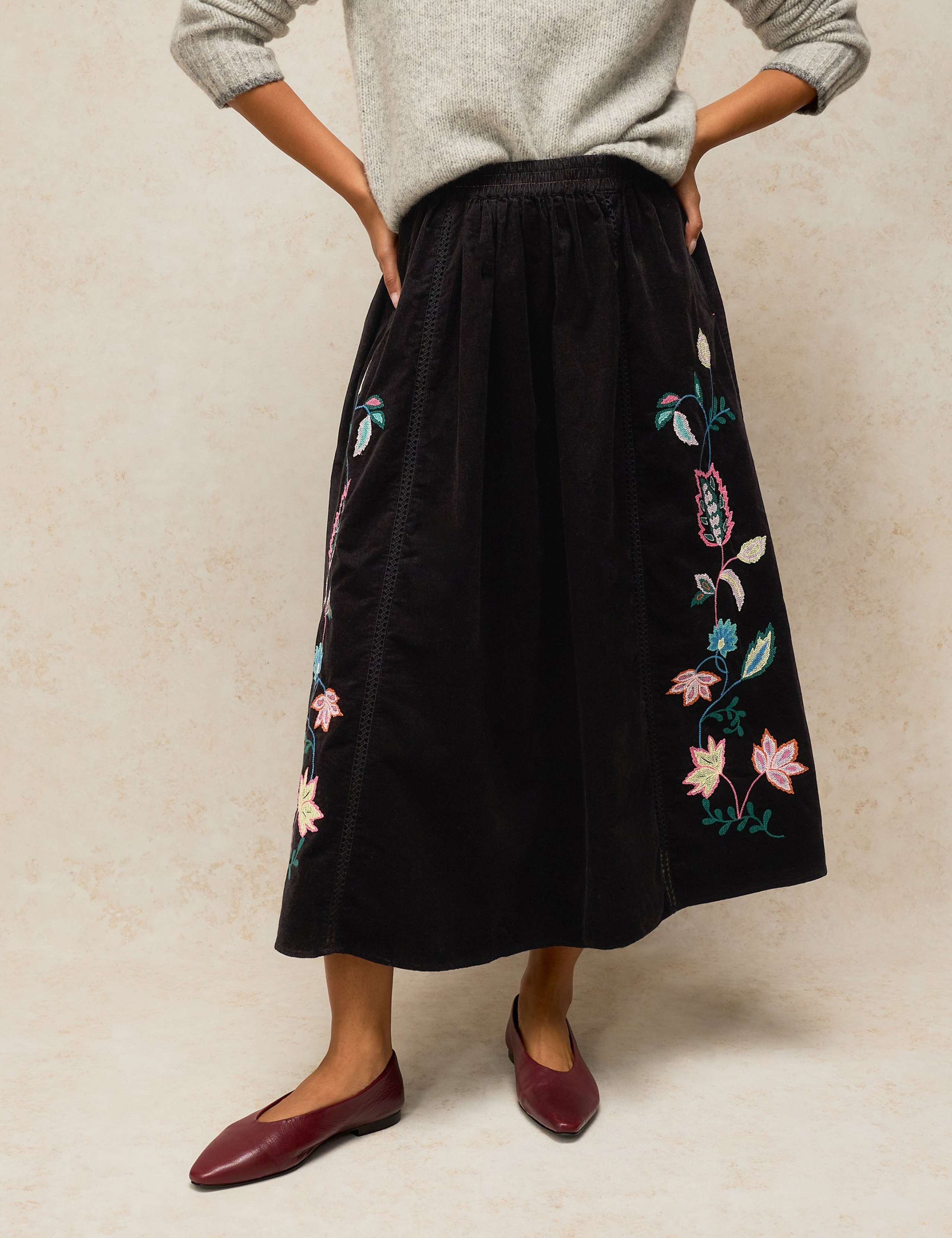 Corduroy Embroidered Midaxi A-Line Skirt