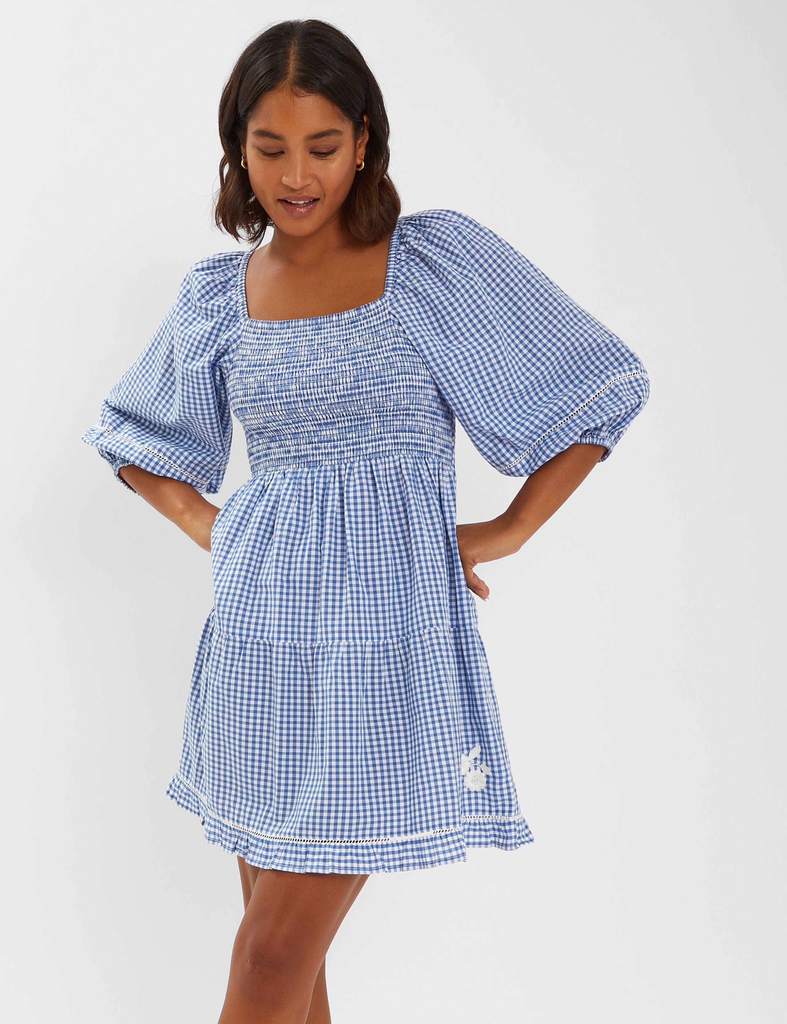 Pure Cotton Gingham Square Neck Mini Dress