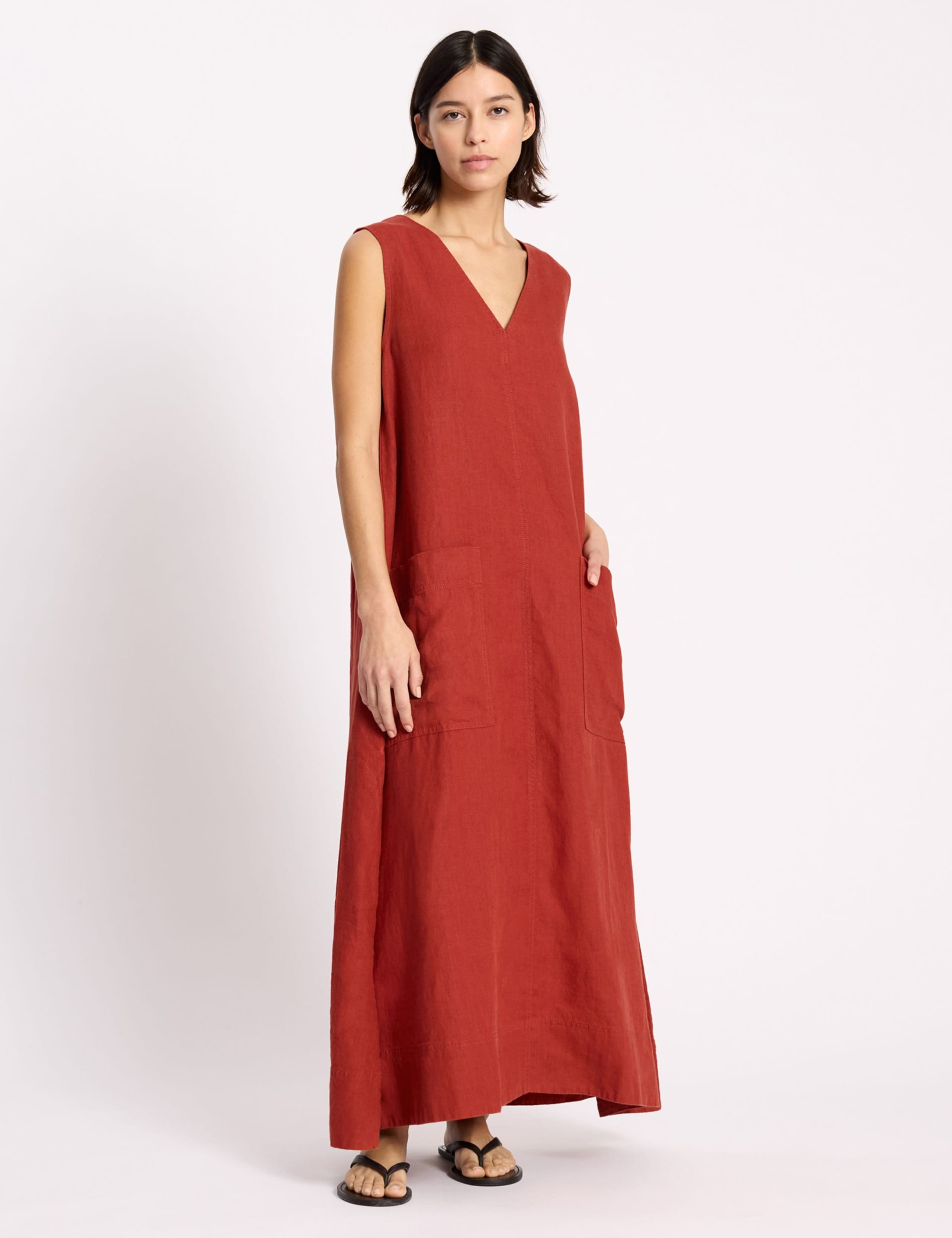 Pure Linen V-Neck Midaxi Shift Dress